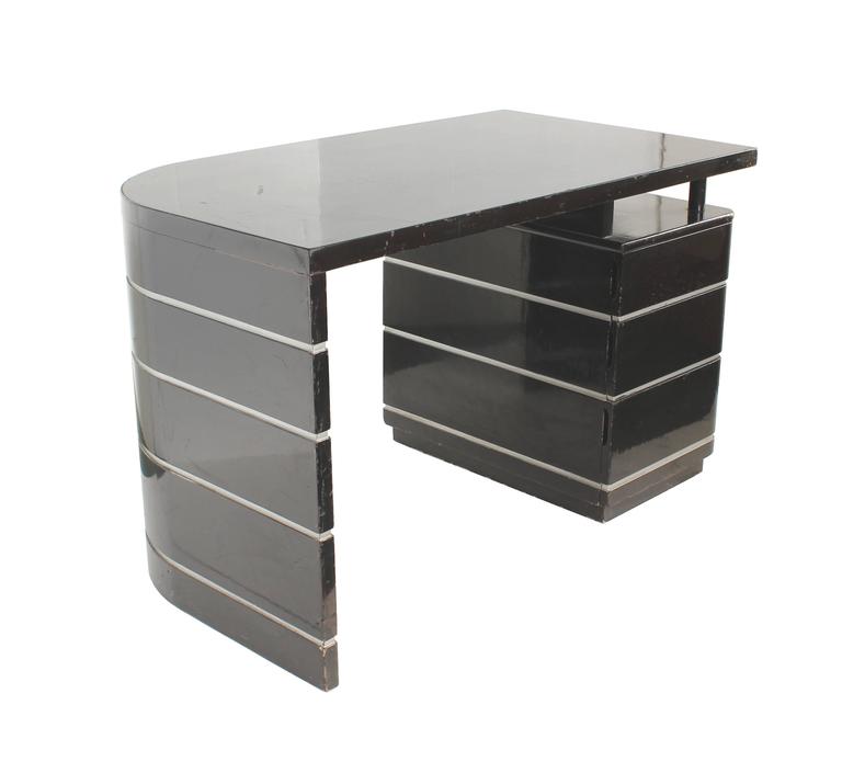 Paul Frankl Attr Art Deco Curved Desk Black Lacquer Silver Grooves Curved Desk In Black Lacquer Silver Grooves With Drawers Attributed To Paul Frankl Classic