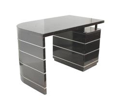 Paul Frankl Attr. Art Deco Curved Desk Black Lacquer Silver Grooves with Drawers