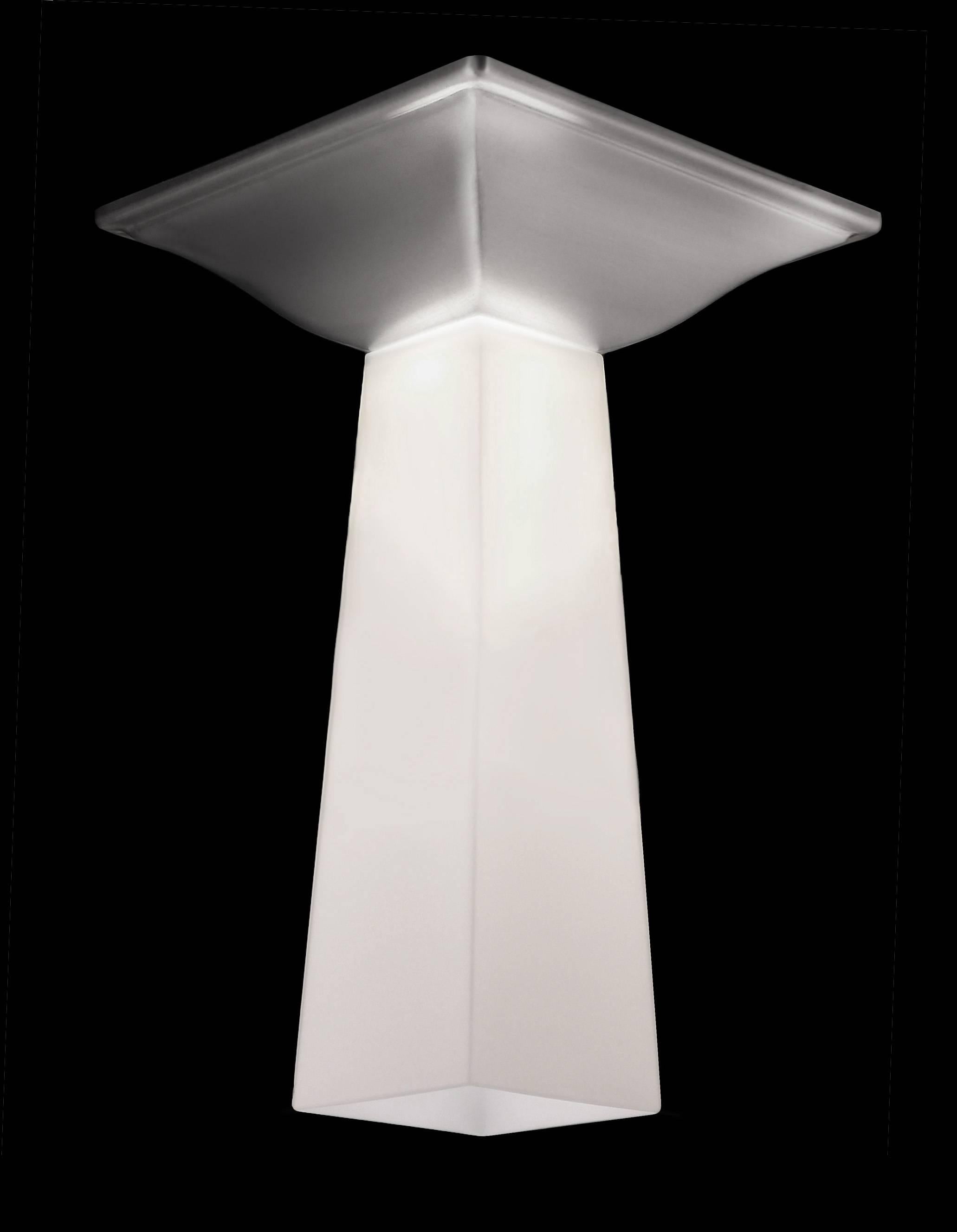 Flush mounted lighting fixture in the manner of Streamline Moderne. Matte nickel ceiling canopy with white tapered glass diffuser. LED illuminated 2700K standard color temperature. LED has lens to focus light downward washing the interior of shade