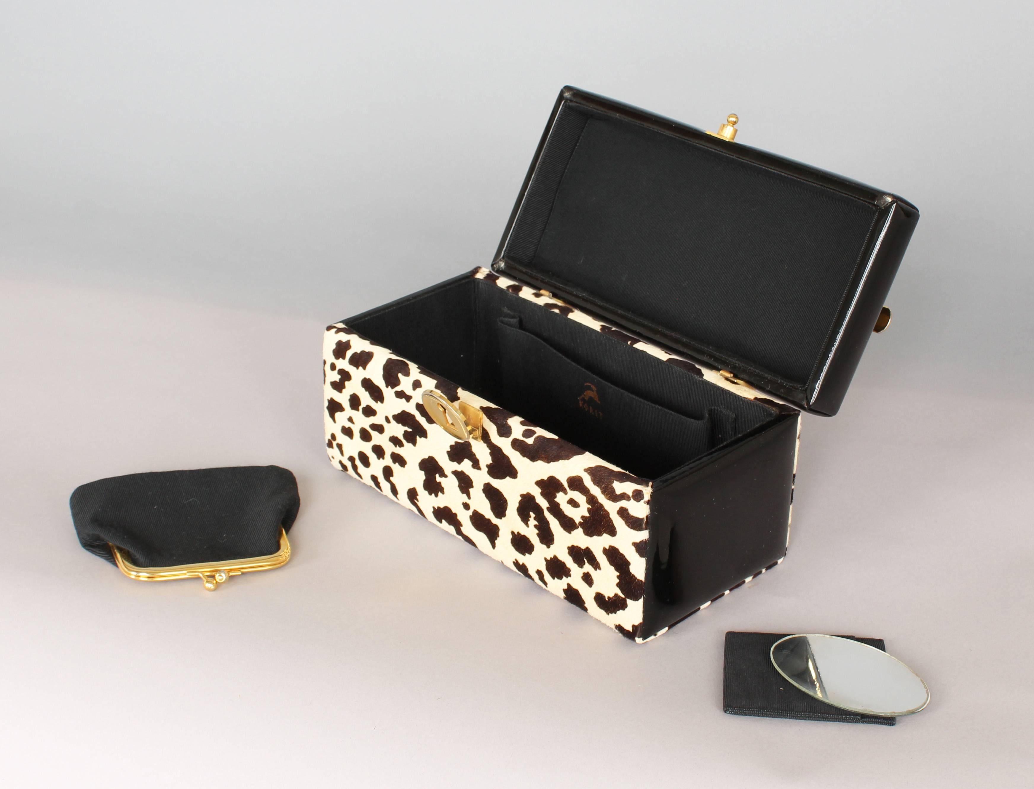 Mid-20th Century Koret Box Handbag in Faux Leopard and Black Patent Leather with Brass Handle For Sale