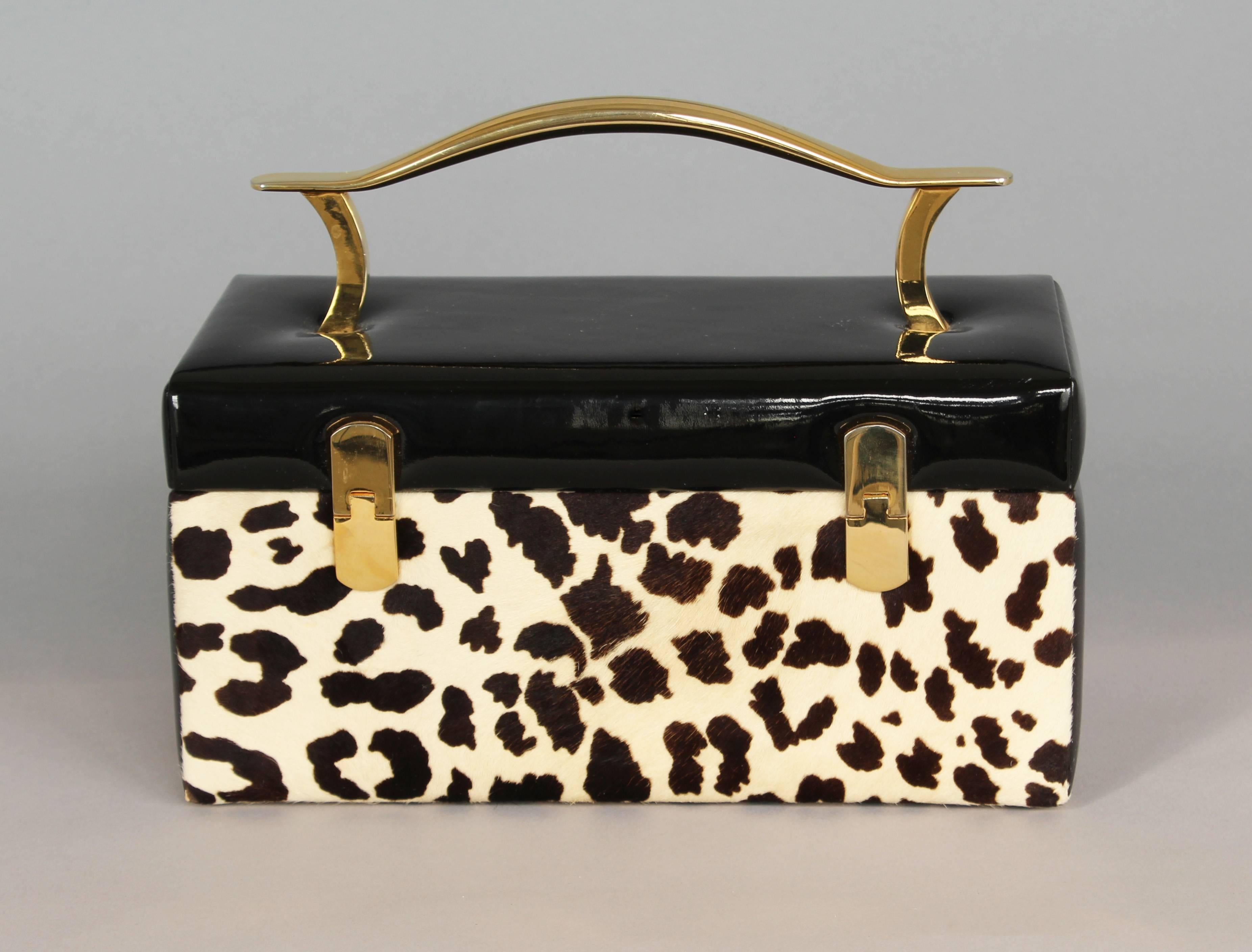 Mid-Century Modern Koret Box Handbag in Faux Leopard and Black Patent Leather with Brass Handle For Sale