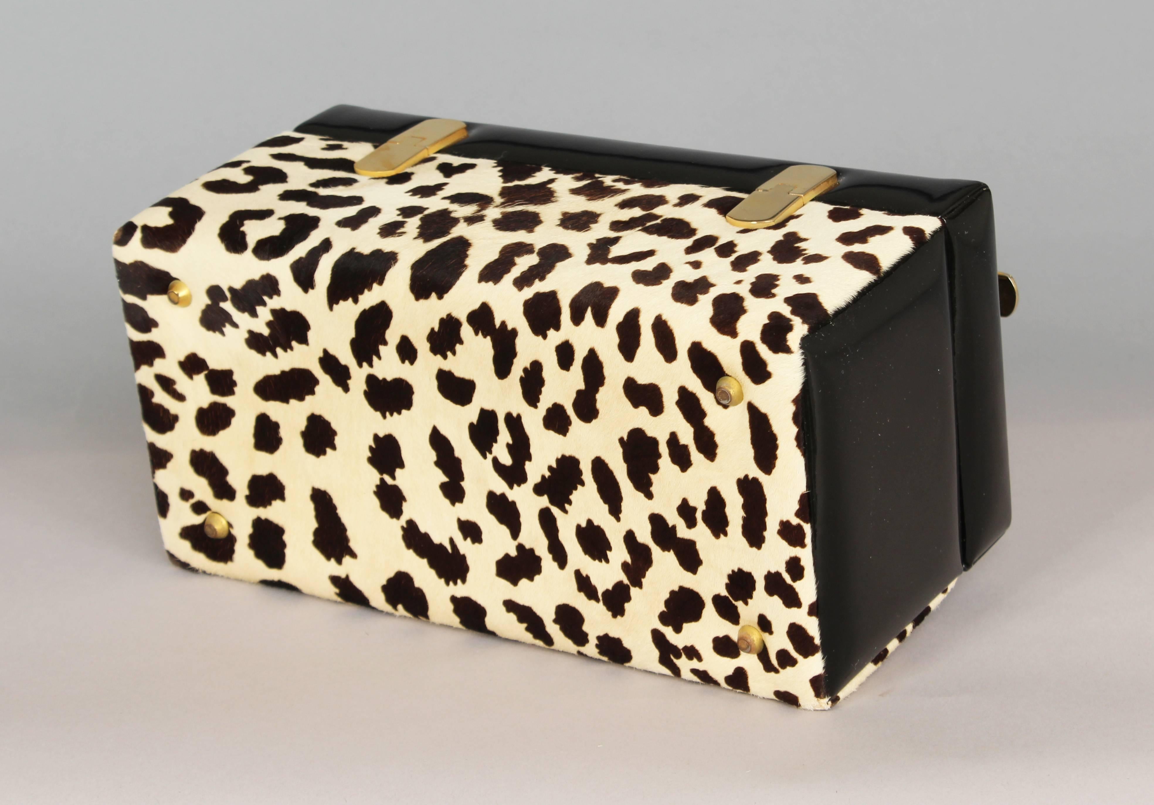 American Koret Box Handbag in Faux Leopard and Black Patent Leather with Brass Handle For Sale