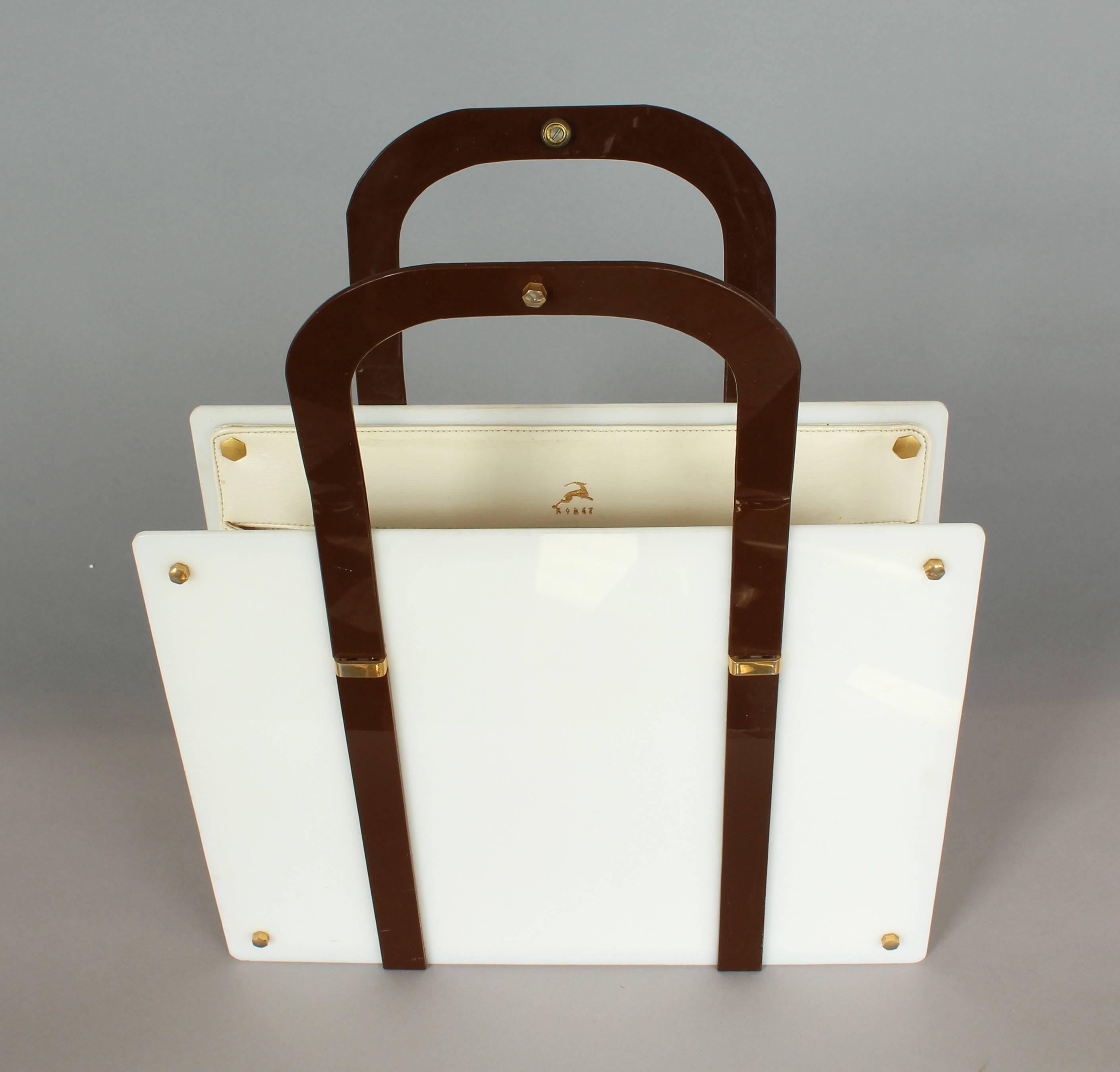 American Large Koret Handbag on White Lucite with Brown Lucite Handles and Brass Details For Sale