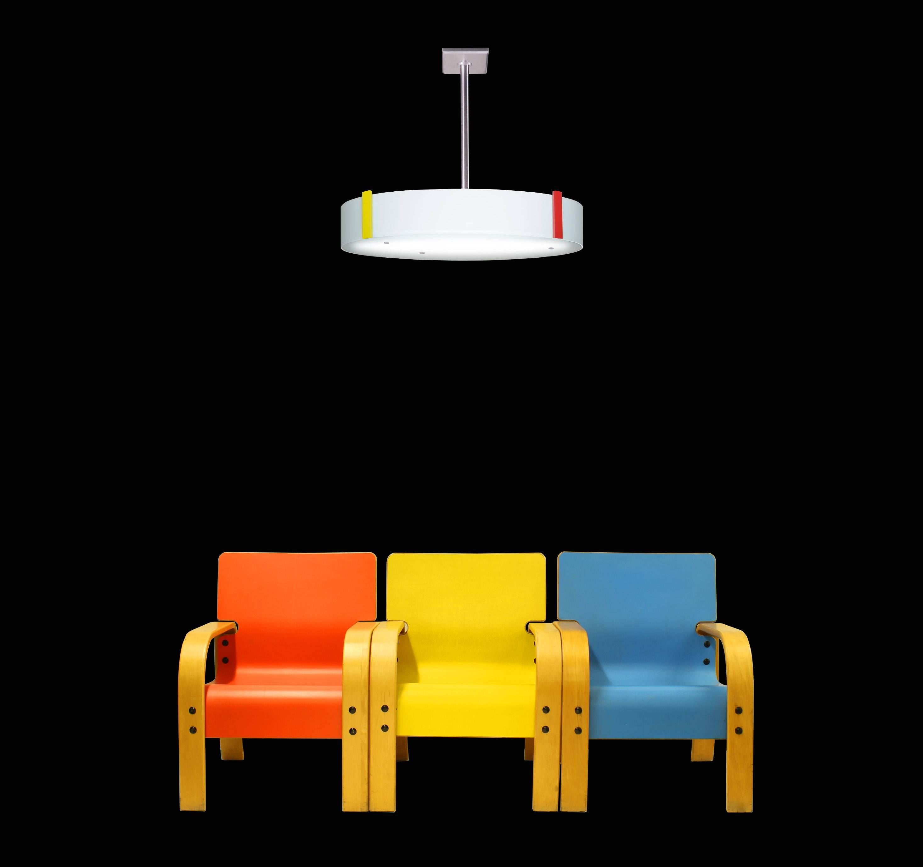 Set of bentwood chairs in the manner of Eames for Herman Miller. In pop art red, yellow, blue. These are three separate chairs. This purchase includes Mod 1960s / Mid-Century Modern style chandelier. White glass bottom and curved white glass sides,
