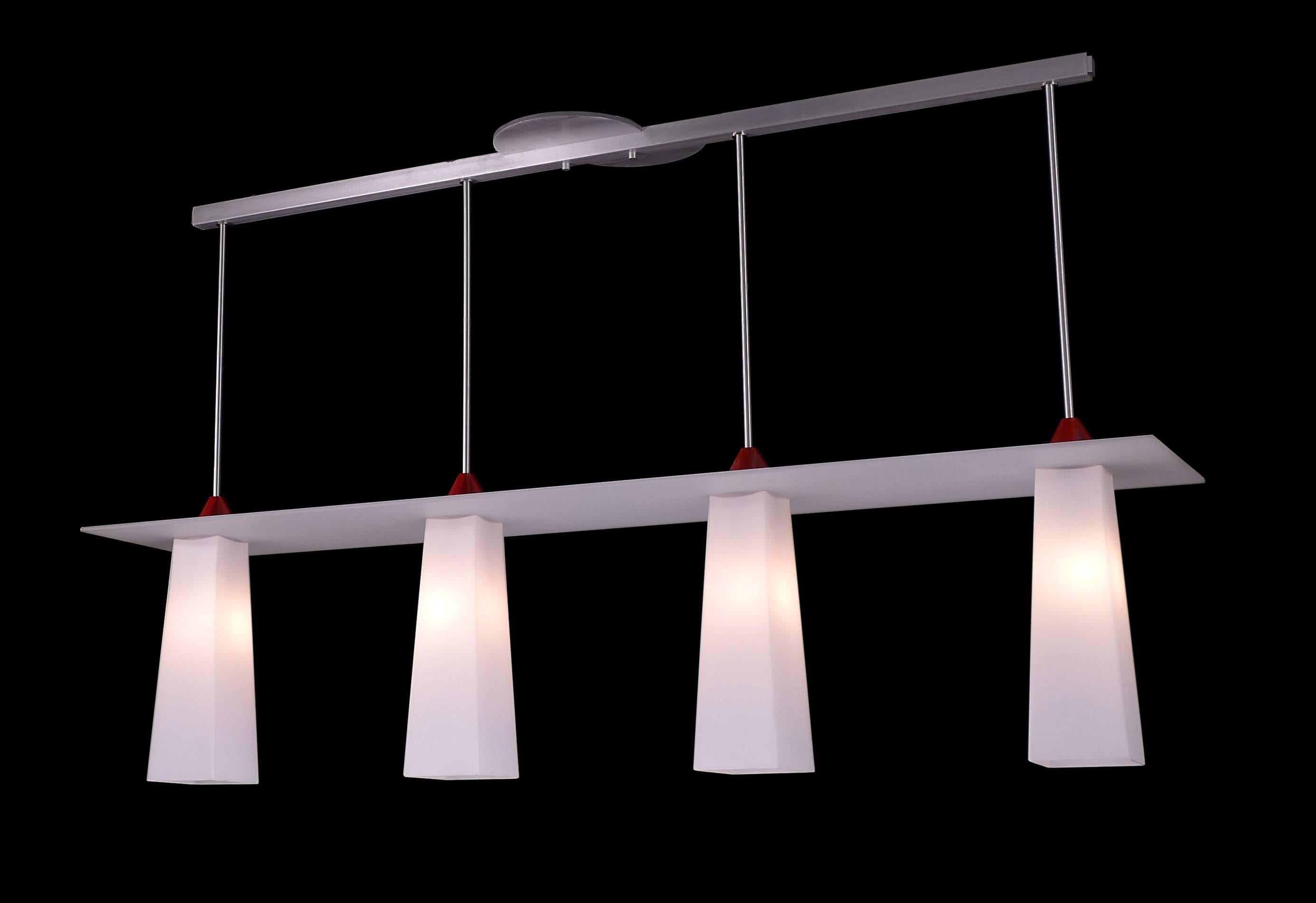 Long rectangular pendant with four white glass shades, billiard style light. In the manner of Jean Royère. With signature Duesenberg ceiling canopy. Custom heights available upon request.

Architect, Sandy Littman of Duesenberg LTD.  and The