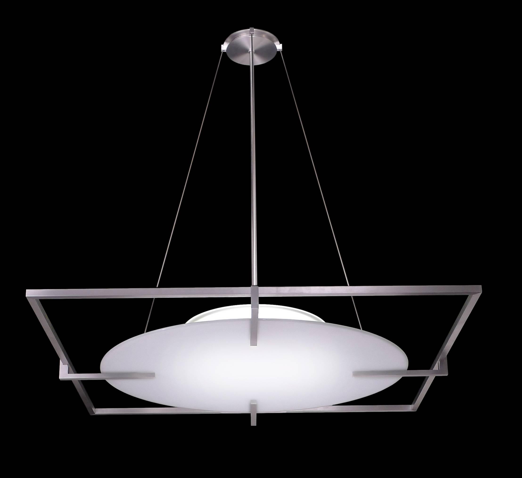 LED illuminated glass chandelier with round flat white glass in square satin aluminum frame. Large 46