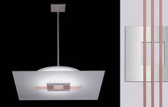 36" Square Glass & Copper Pendant Light with French Art Deco Triple Candelabra