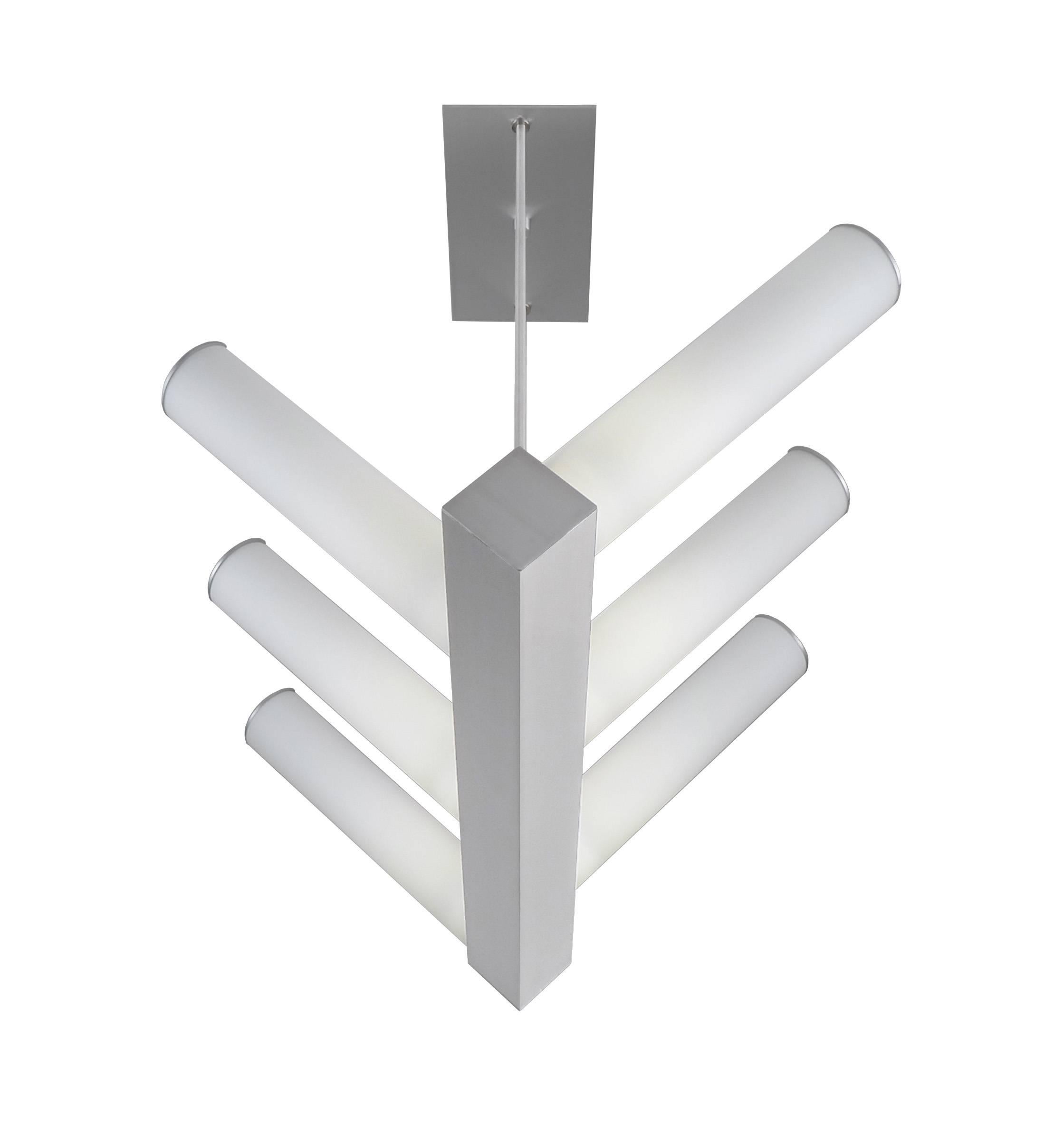 Bauhaus inspired V-Six LED pendant light with white glass cylinders. Measures: 30