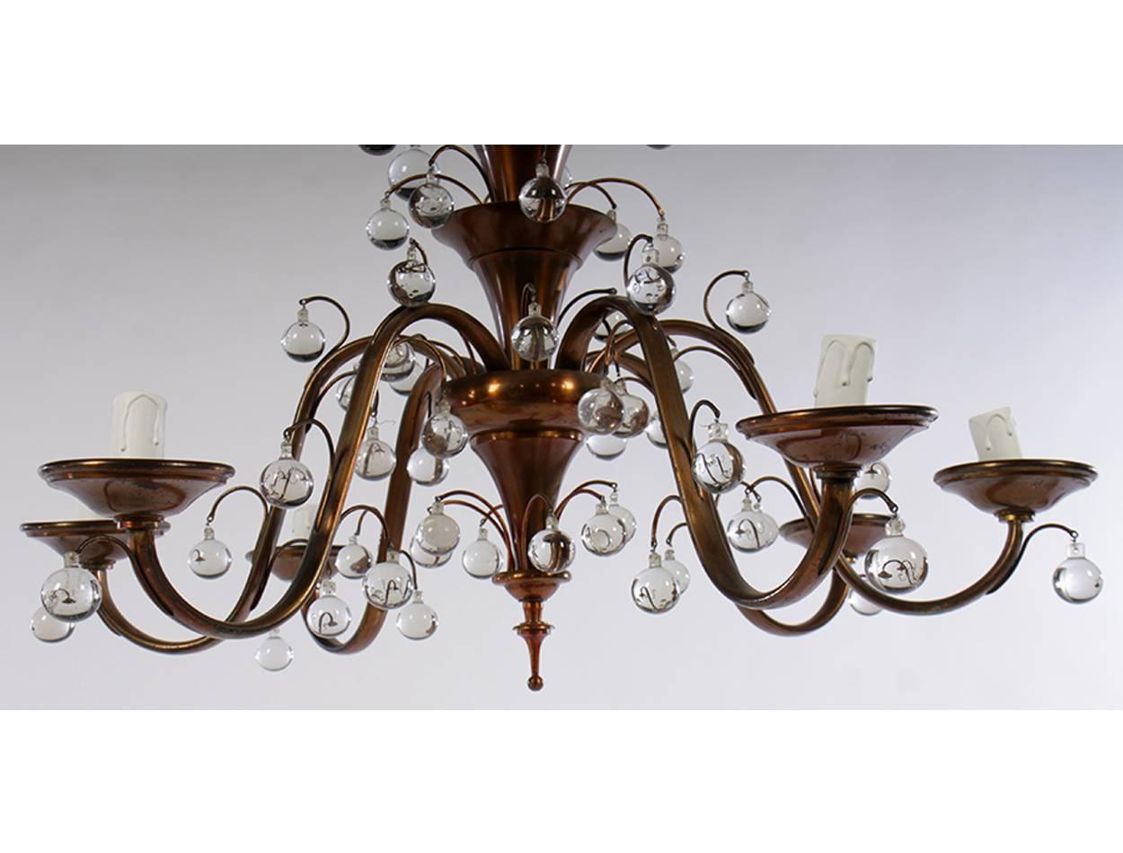 Unknown Art Deco Copper Six-Arm Chandelier with Glass Balls, circa 1930 For Sale