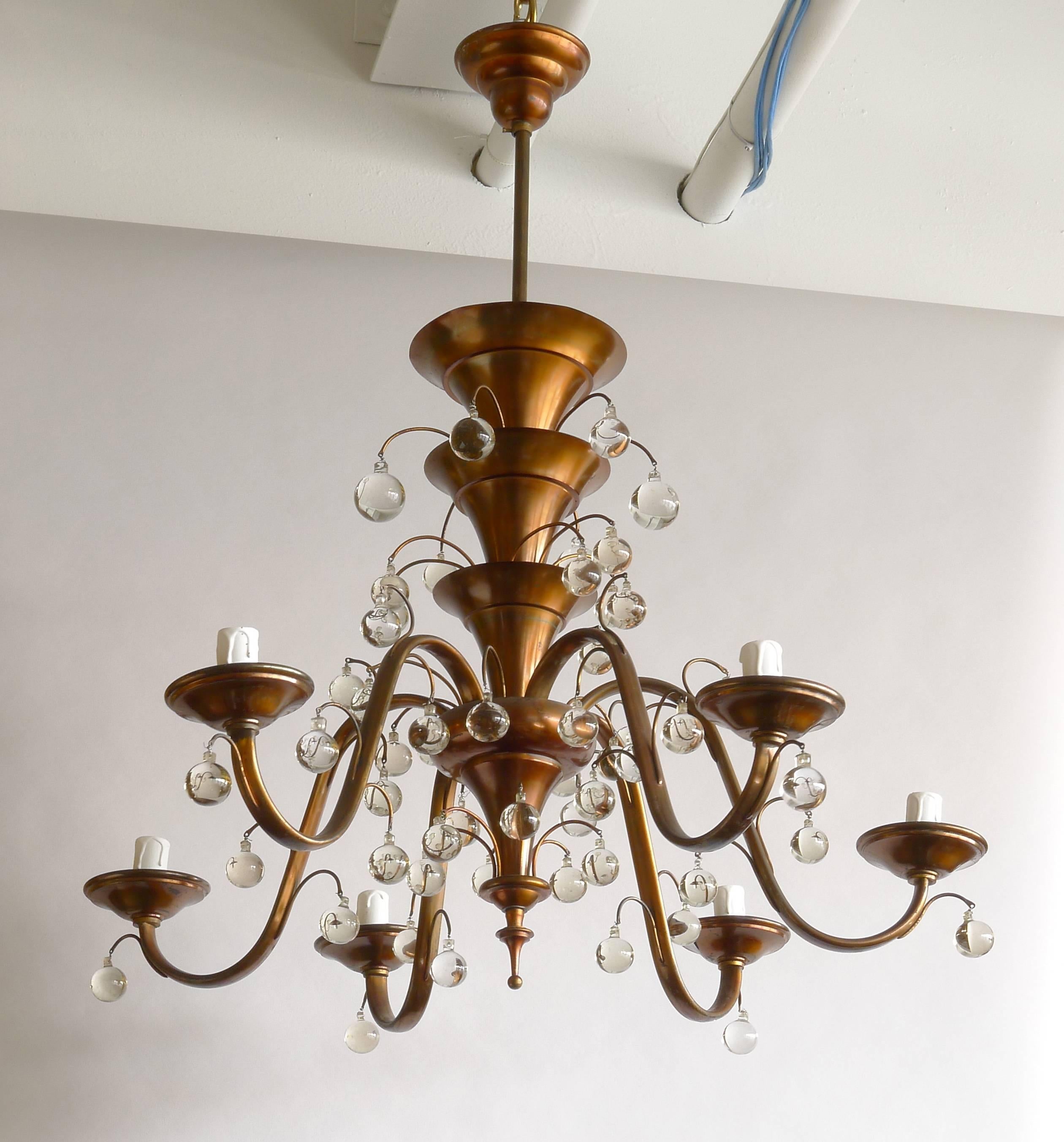 Art Deco Copper Six-Arm Chandelier with Glass Balls, circa 1930 In Good Condition For Sale In Newburgh, NY