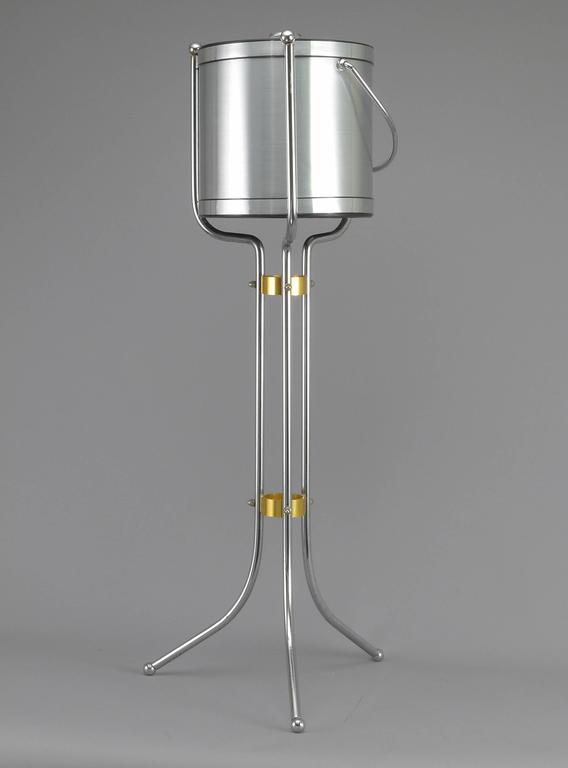 Midcentury Ice Bucket on Stand in Satin Aluminum and Chrome For Sale at