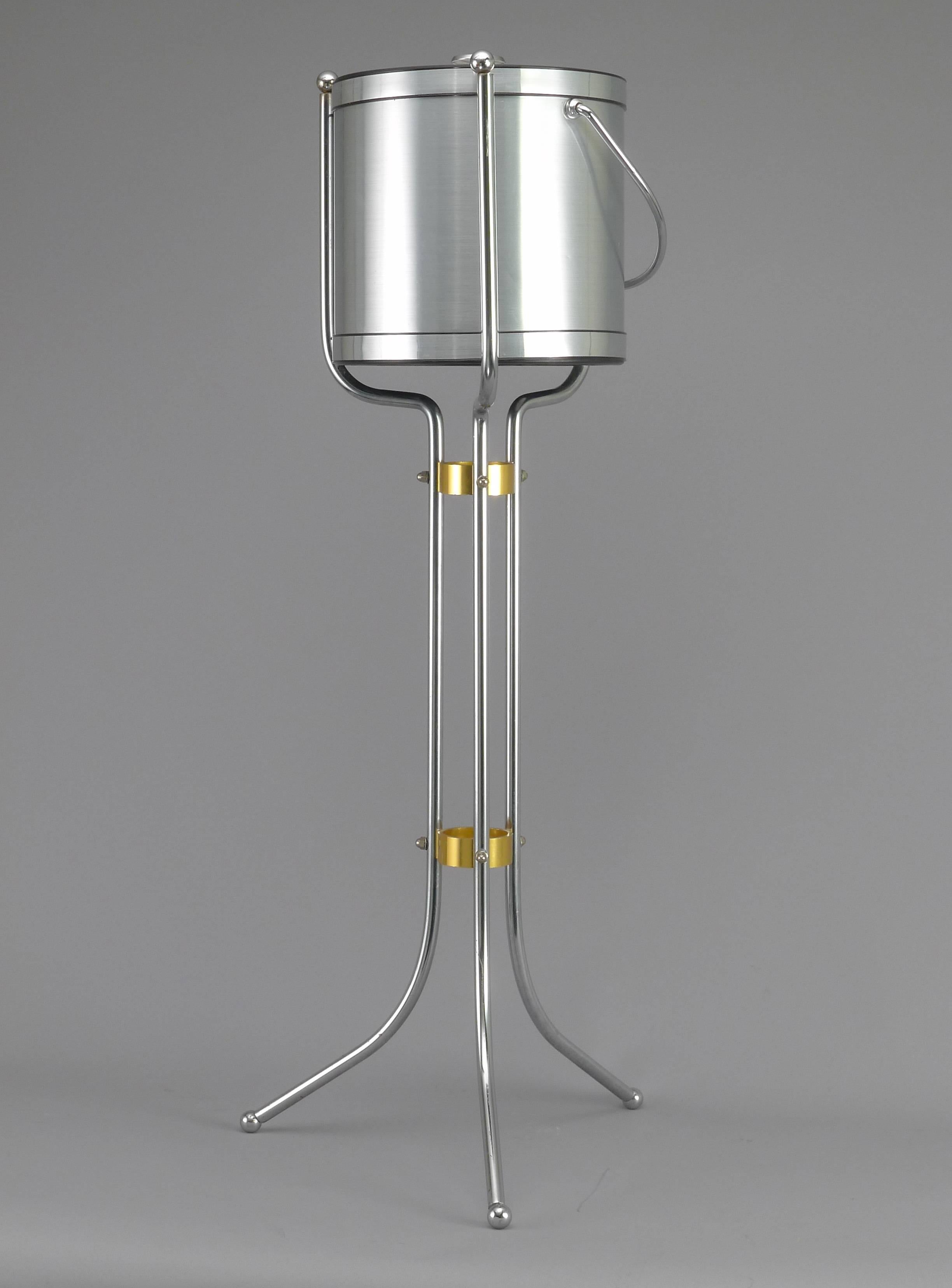 Brushed Midcentury Ice Bucket on Stand in Satin Aluminum and Chrome For Sale