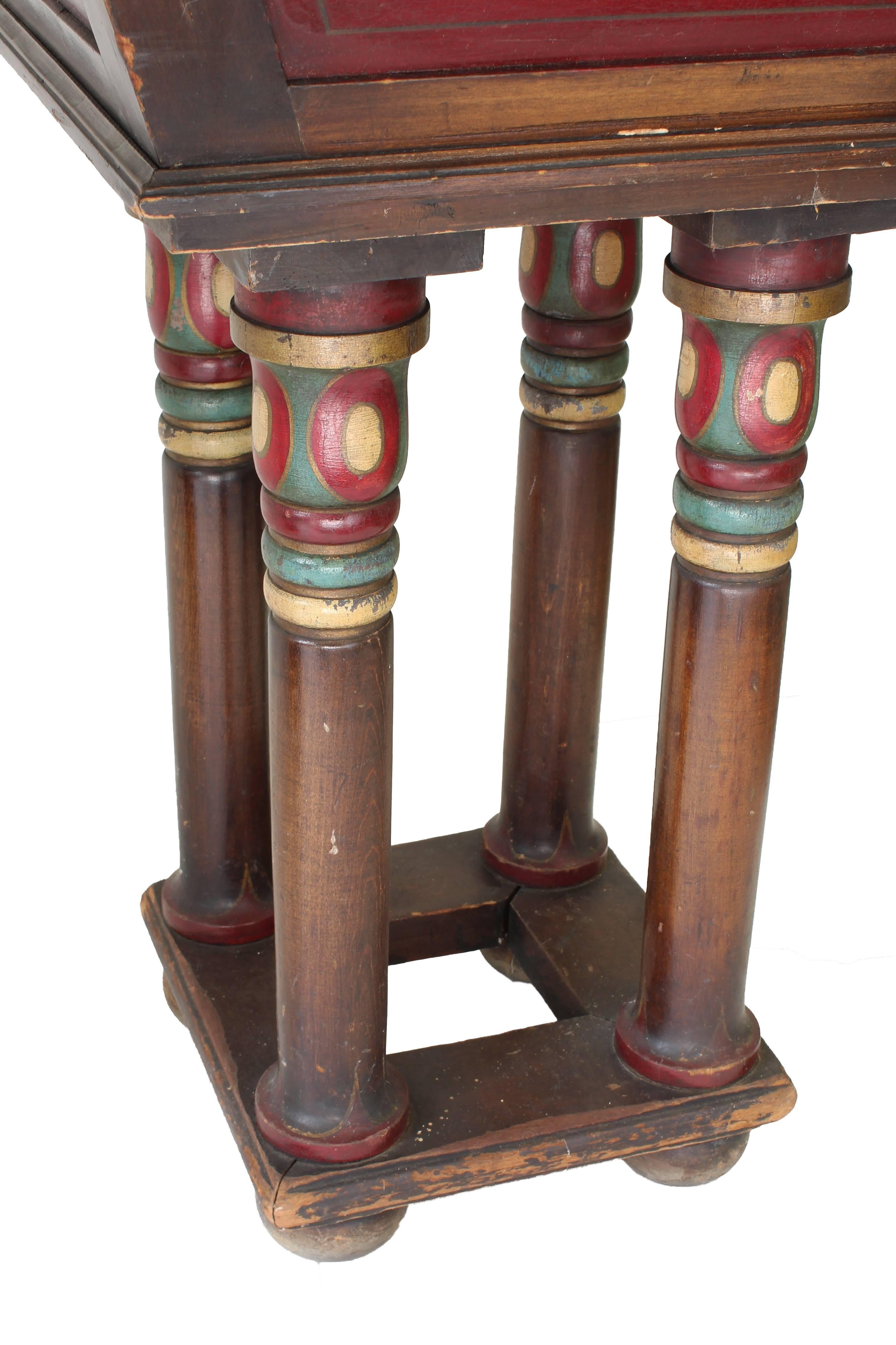 Arts and Crafts Pair of Hand-Painted Wood Pedestal Planters with Red Inset Panel For Sale