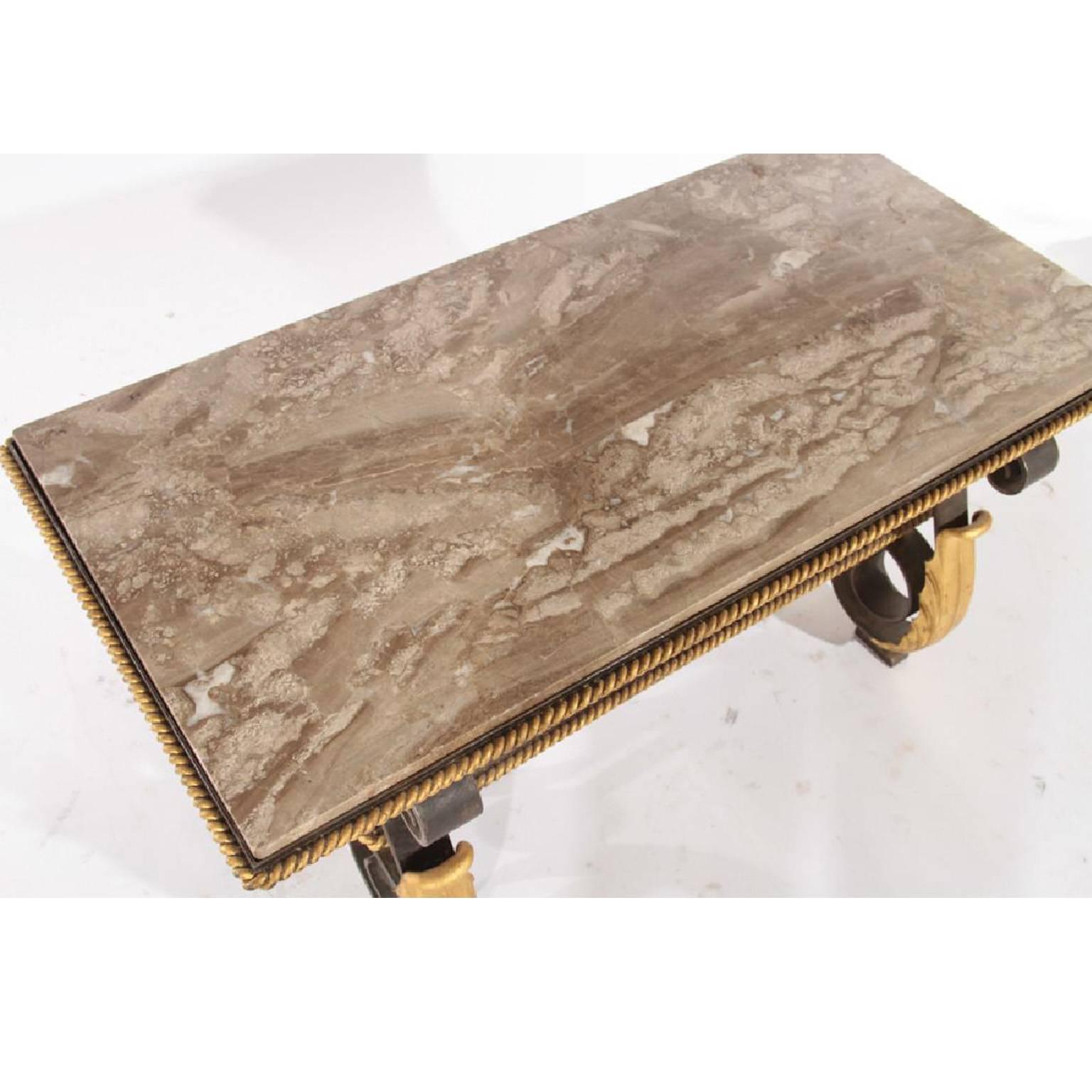 20th Century French Wrought Iron Coffee Table in the Manner of Gilbert Poillerat Marble Top For Sale
