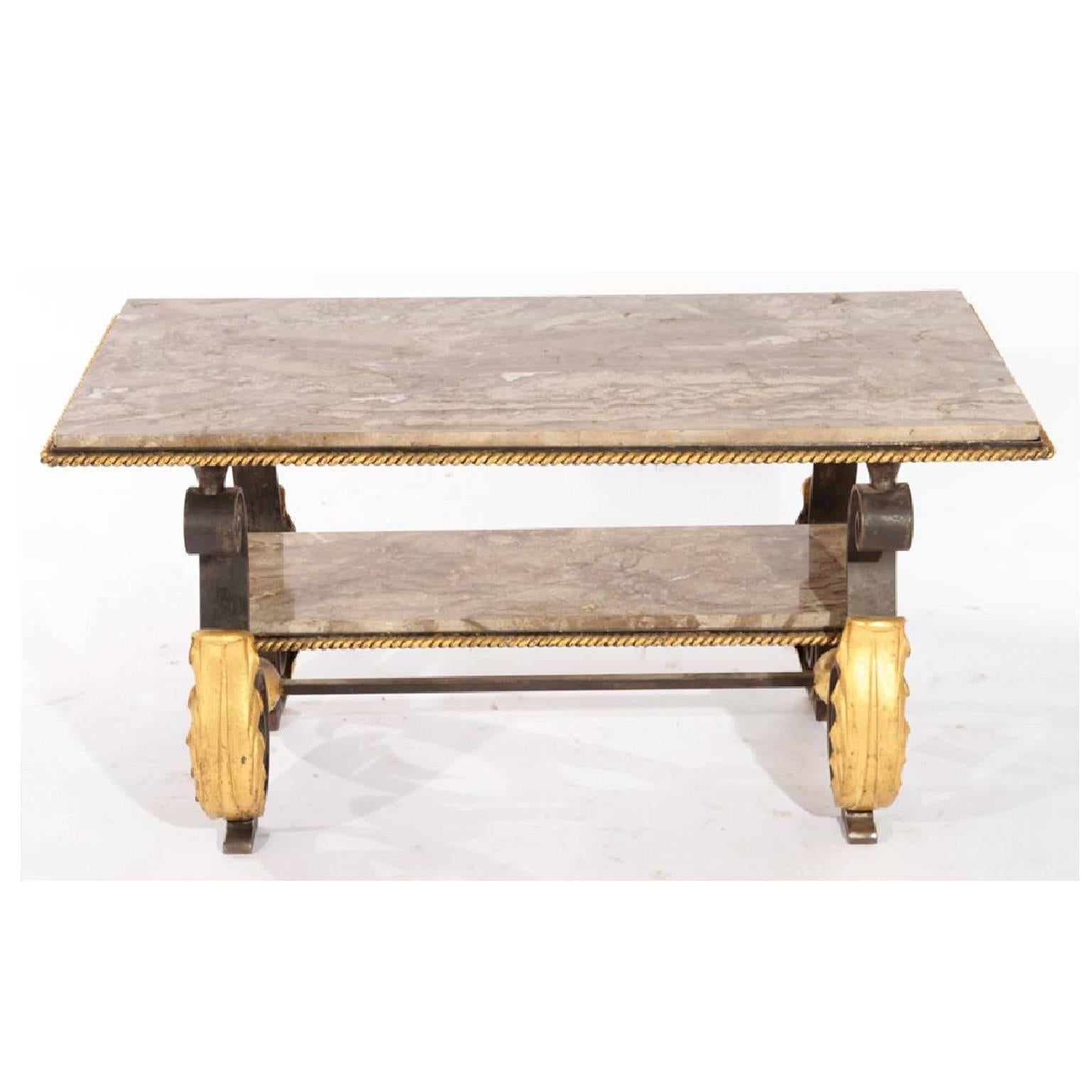 Wrought iron coffee table in the manner of Gilbert Poillerat having inset marble top and lower platform with gilt twist frame, France

Architect, Sandy Littman of Duesenberg LTD.  and The American Glass Light Company have been making beautiful