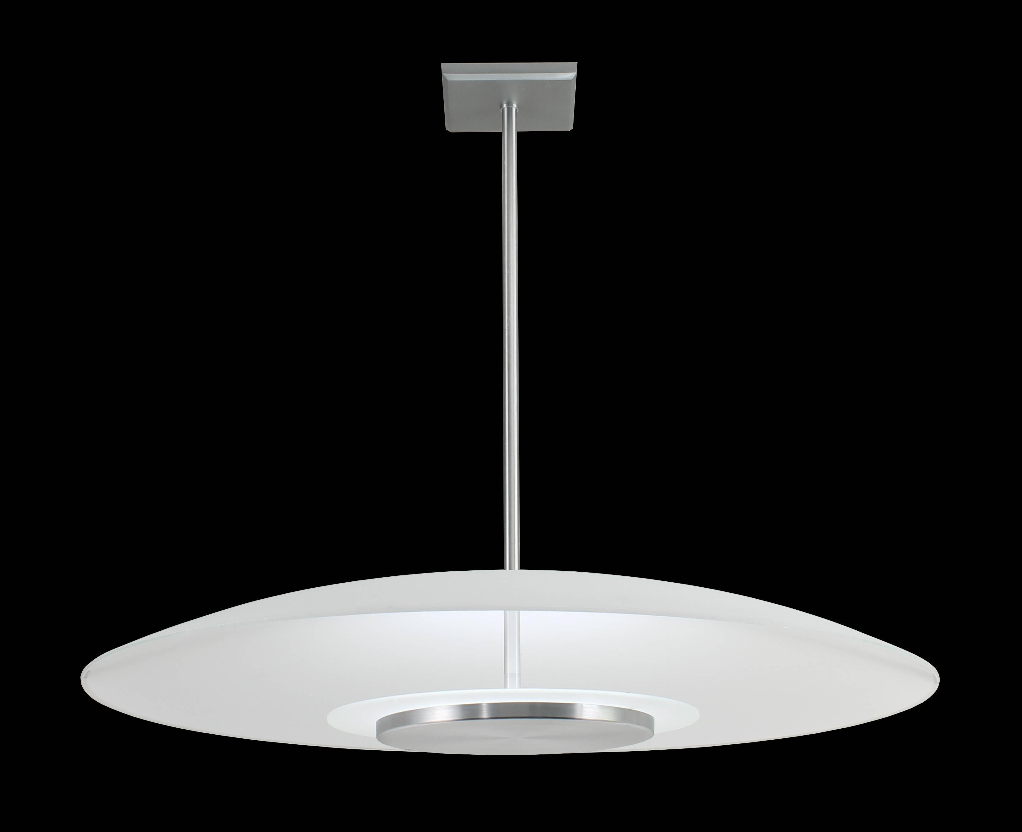 American Mid-Century Modern Style Round Curved Glass Pendant Light, Satin Aluminium For Sale