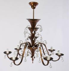 Art Deco Bronze Side Table with Art Deco Six-Arm Glass Ball Copper Chandelier