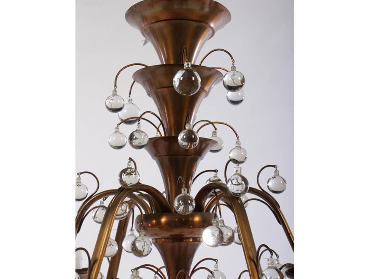 Repoussé Art Deco Bronze Side Table with Art Deco Six-Arm Glass Ball Copper Chandelier For Sale