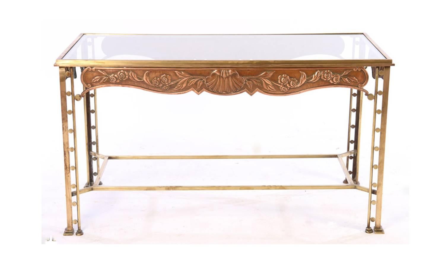 Art Deco Bronze Side Table with Art Deco Six-Arm Glass Ball Copper Chandelier For Sale 3