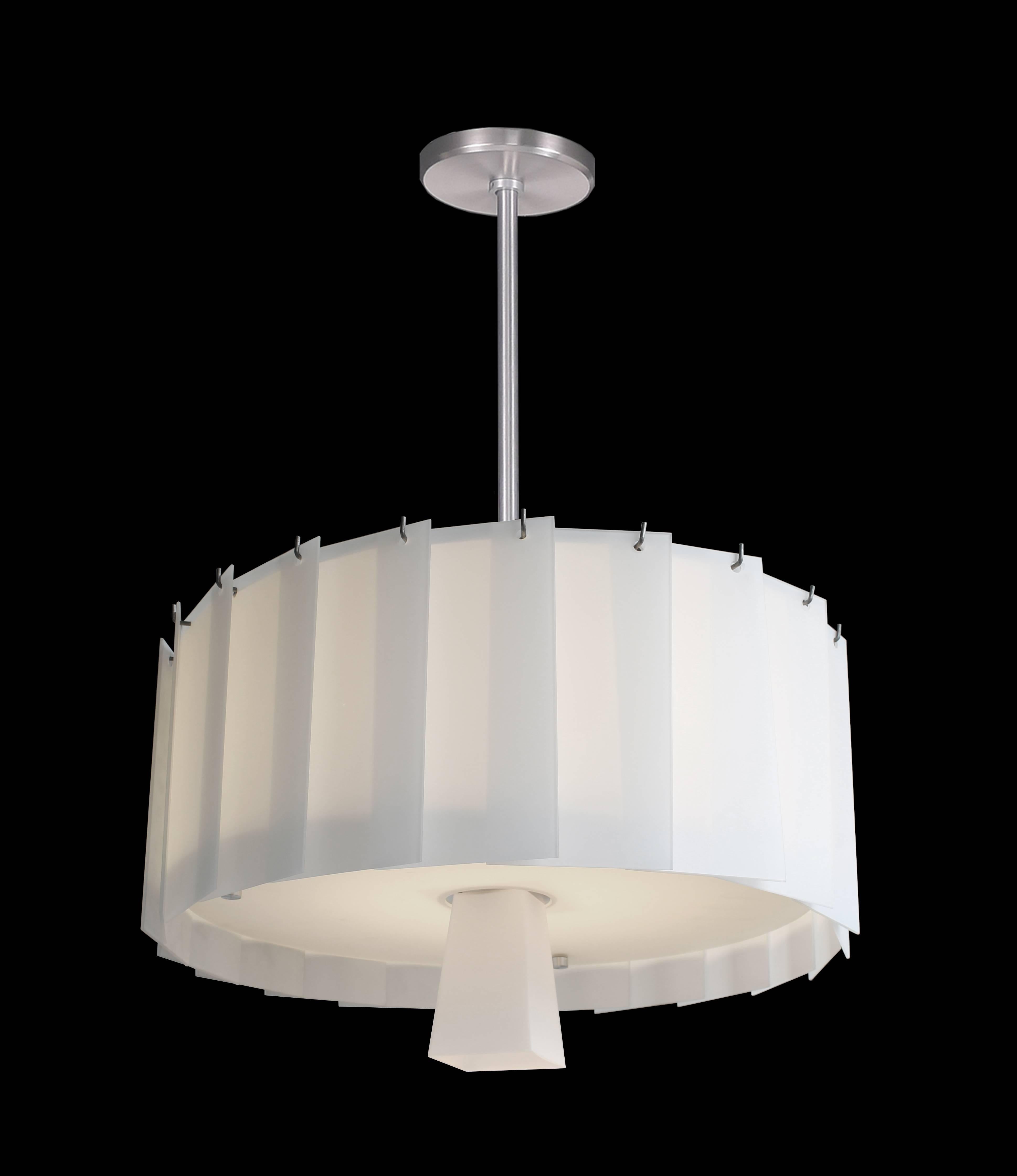 Circular flutter chandelier with overlapping white glass panels, Art Deco style with a touch of Mid-Century Modern Styling. Incandescent lamping, two circuits, downlight and ambient within the panels.

Architect, Sandy Littman of Duesenberg LTD. 