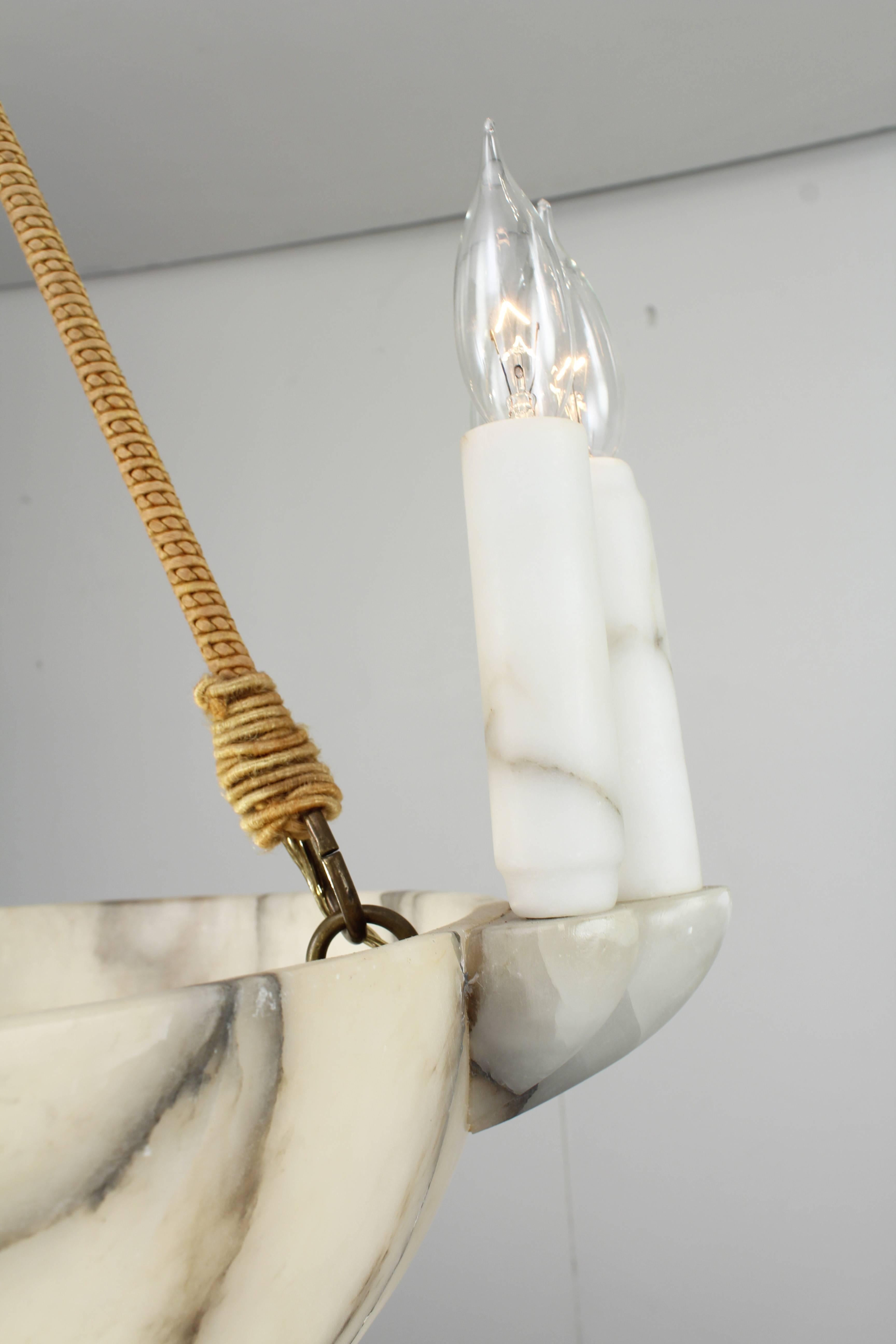 Mid-20th Century Alabaster Art Deco Bowl Pendant Light with Nine Candles For Sale