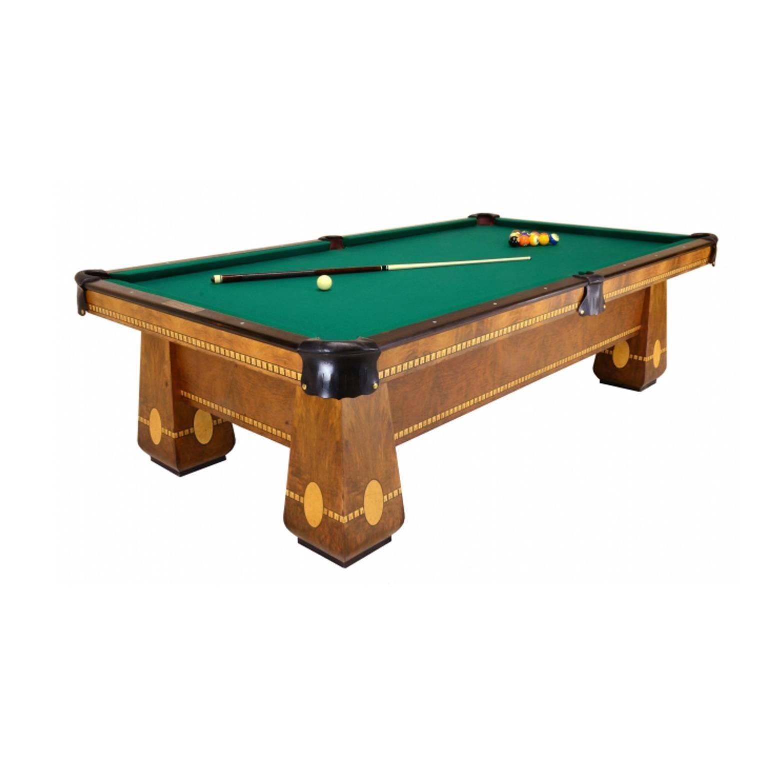 Has ball return, four legs, 60 inches x 100 inches playing area.
Good, restored condition. At Blatt Billiards.
Buyer must inspect, no returns. Arts and crafts style. Will be delivered by Blatt Billiards, buyer to make arrangements. Purchase includes