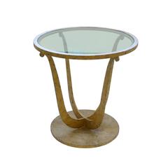 Art Deco Style Gilt Metal Round Gueridon Table with Round Glass Pendant Light