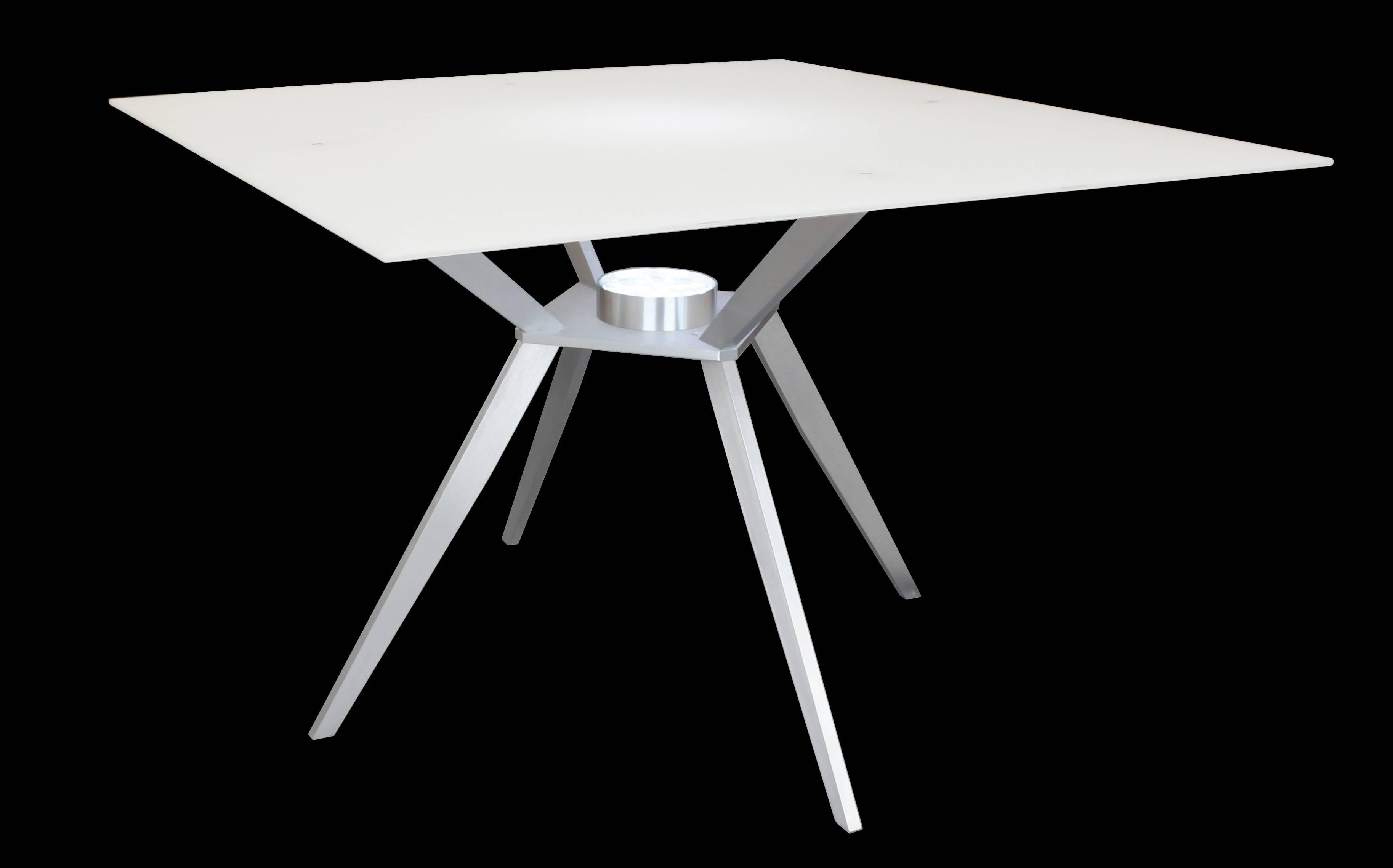 Square glass table, Mid-Century Modern inspired. Legs and upper supports are machined 3/4 inch thick aluminum with a brushed finish. Glass top is 3/8 ths inch thick tempered low iron (no green tint) with pencil edge and ceramic white coat on bottom.