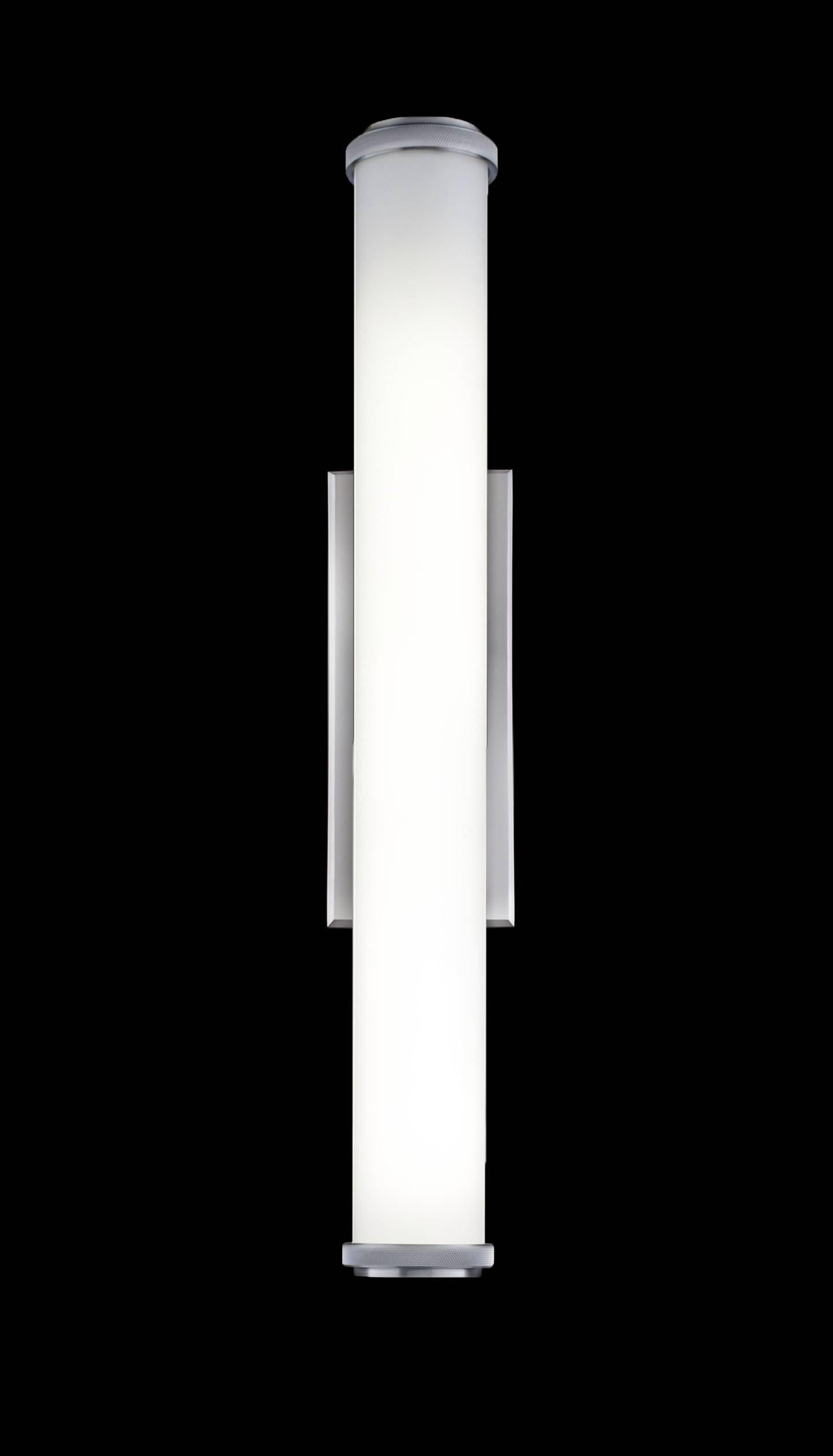 Streamlined Moderne Long Tubular White Glass Wall Sconce with Knurled Aluminum Finials For Sale