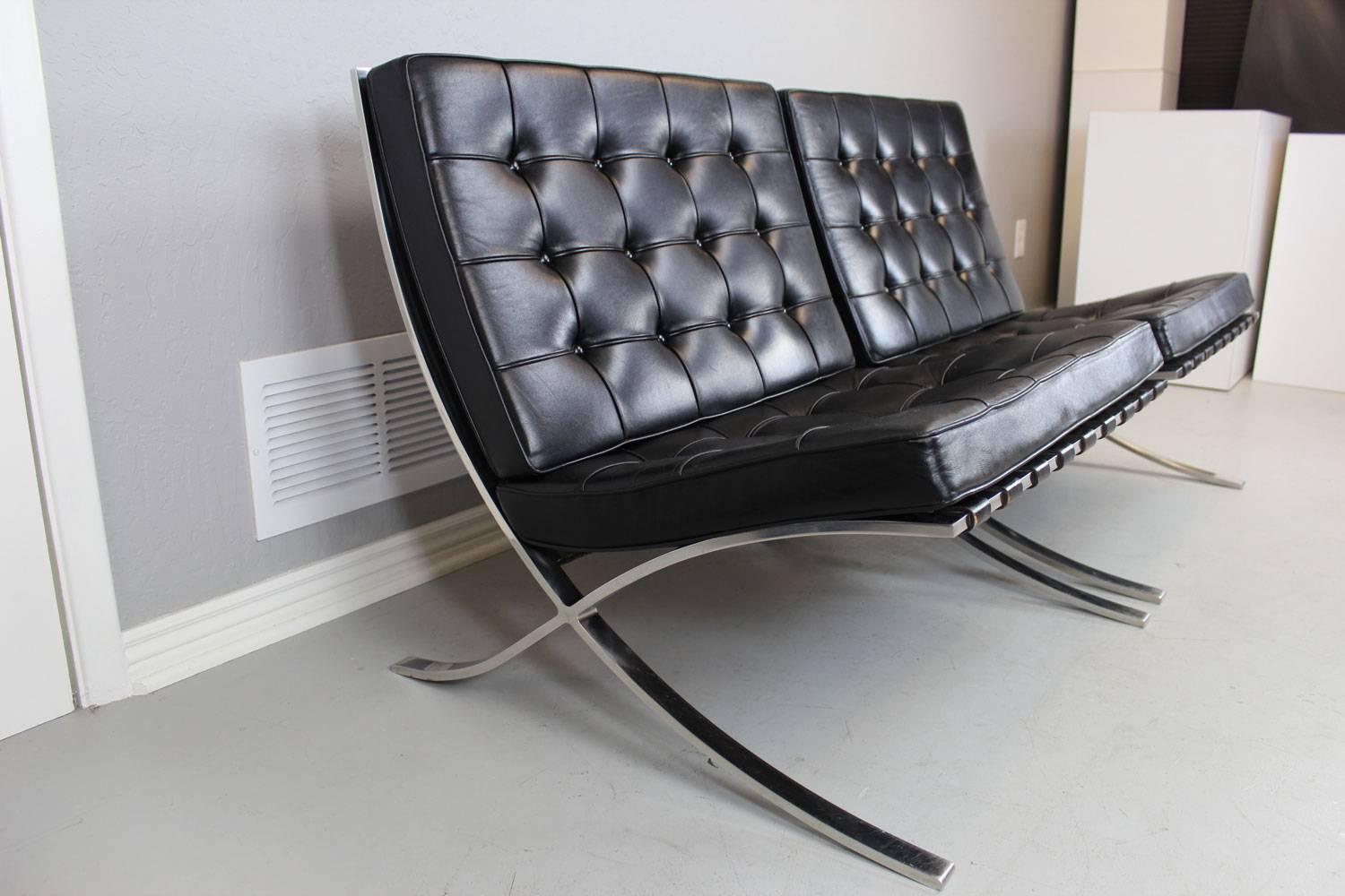 Mies van der Rohe Barcelona chairs for Knoll, circa 1960s. Leather is in exceptional condition. No rips, tears, or holes. Straps are in excellent condition.  Just a nice slightly worn overall patina finish. They look great.  All buttons are on the