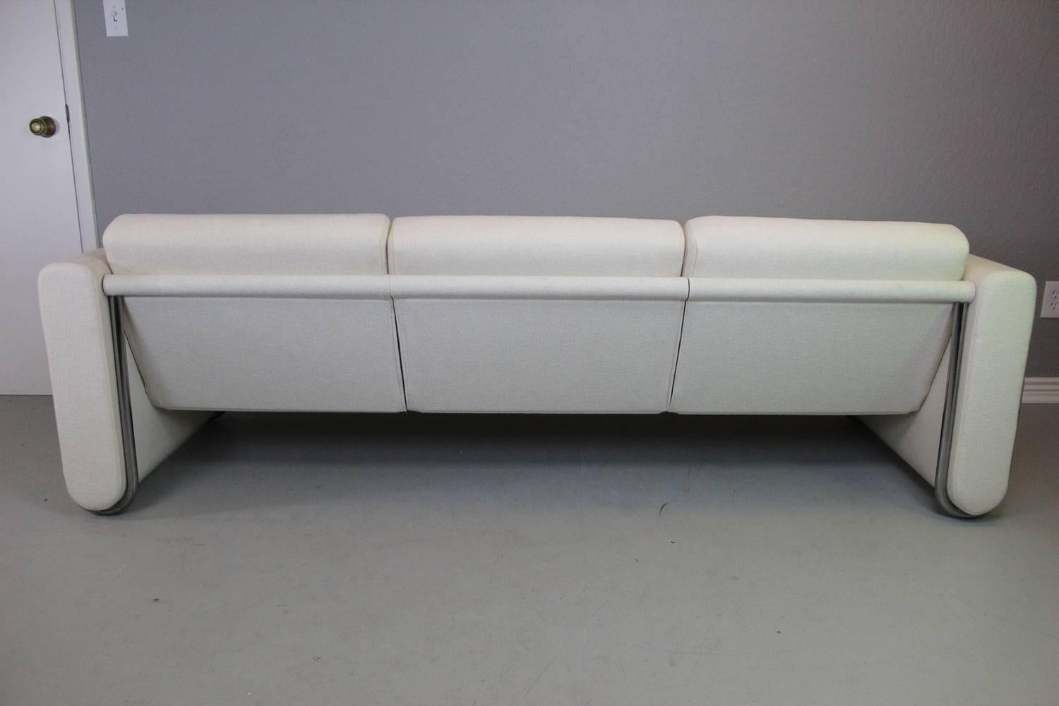 LeCorbusier Style White Sofa With Wrap Around Stainless Steel Frame In Excellent Condition In Phoenix, AZ