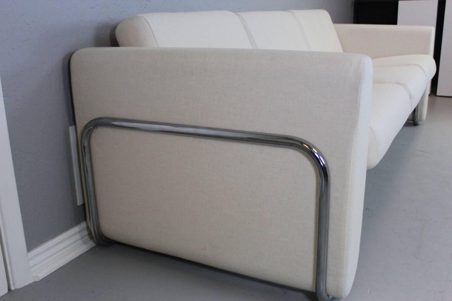 Mid-Century Modern LeCorbusier Style White Sofa With Wrap Around Stainless Steel Frame