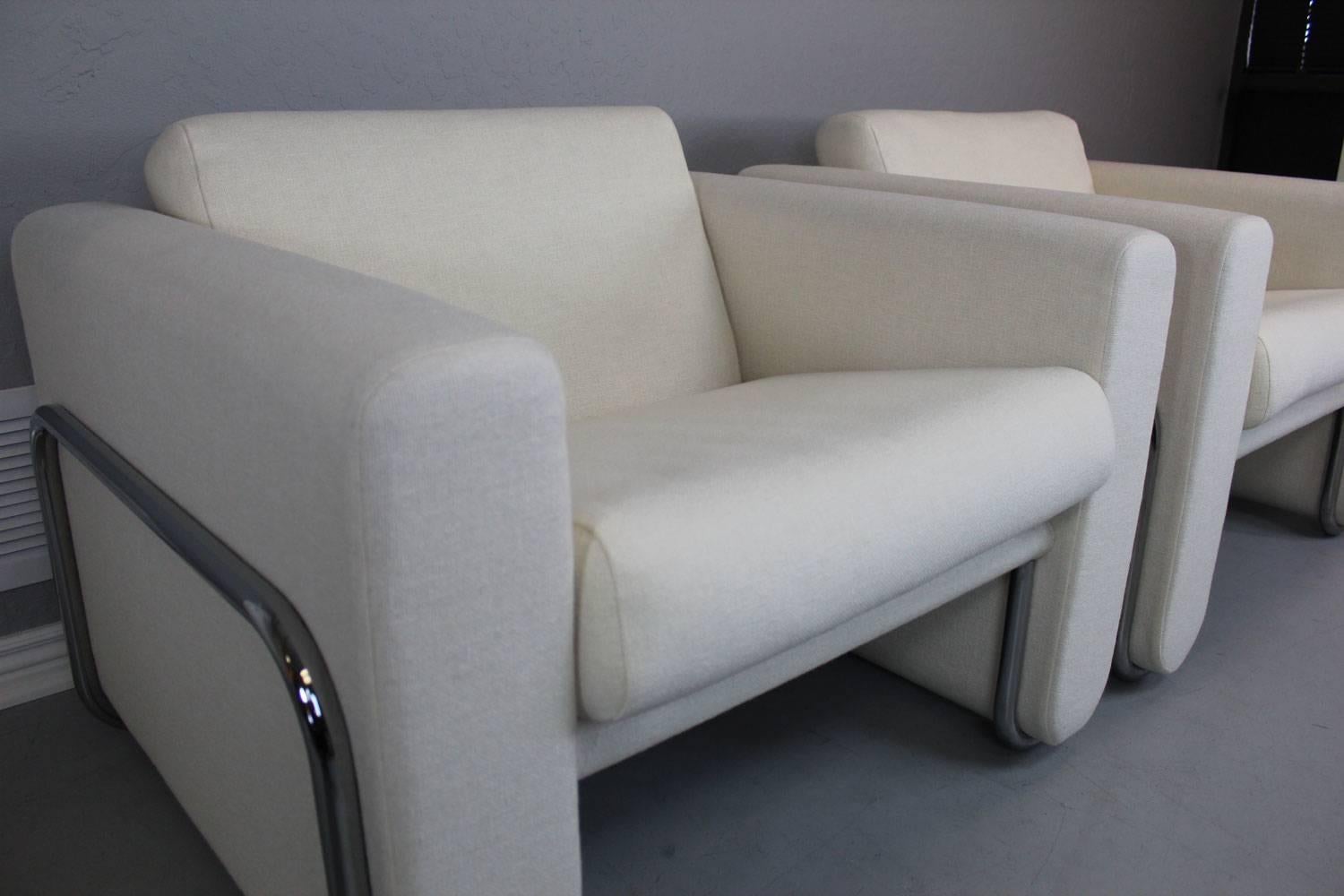 Mid-Century Modern Lecorbusier Style White Club Chairs with Wrap around Stainless Steel Frame