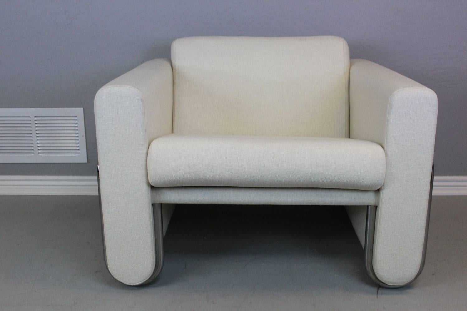 American Lecorbusier Style White Club Chairs with Wrap around Stainless Steel Frame