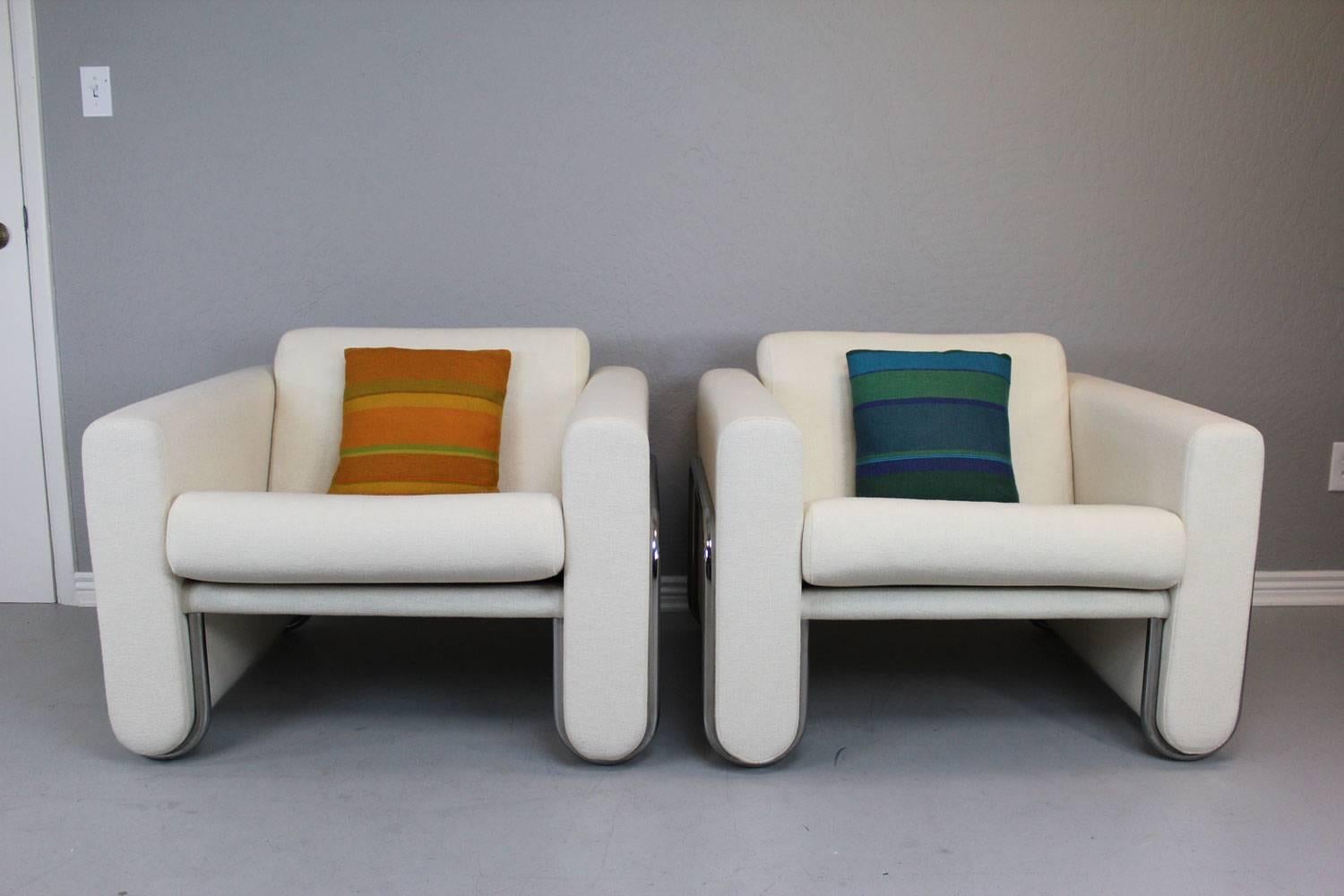 Lecorbusier Style White Club Chairs with Wrap around Stainless Steel Frame 1