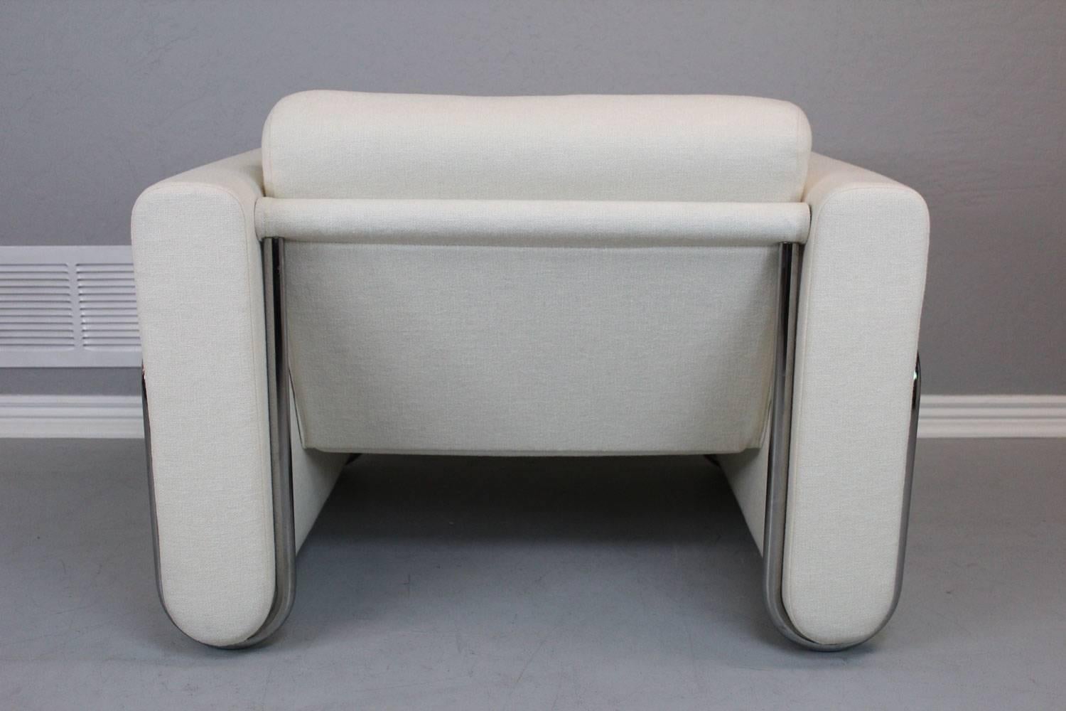 Mid-20th Century Lecorbusier Style White Club Chairs with Wrap around Stainless Steel Frame