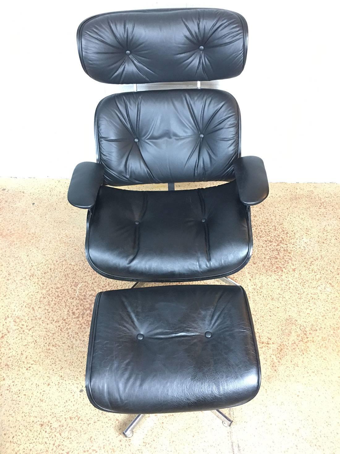 Plycraft Black Leather Lounge Chair and Ottoman 1