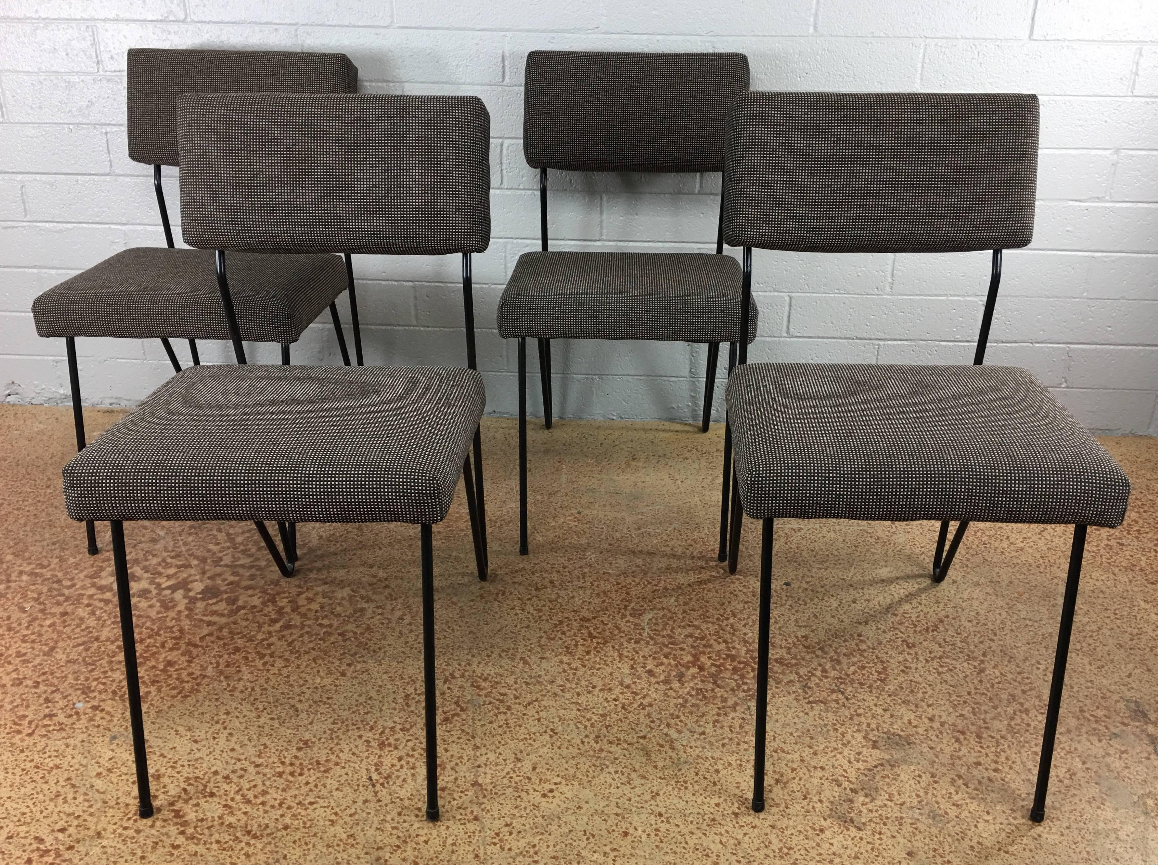 This stunning set of four Dorothy Schindele bent iron V-base side dining chairs are so meticulously restored that the photographs match the photograph from George Nelson's, 1953 book chairs and in which he attributes both the designer as well as the