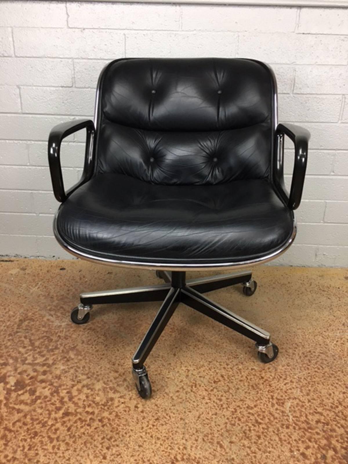 Timeless, high quality executive chairs for Knoll first introduced in 1965 and still in production today. These chairs are in high demand due to their sleek and streamlined Silhouette. Each chair is mounted on a five star chrome metal base with