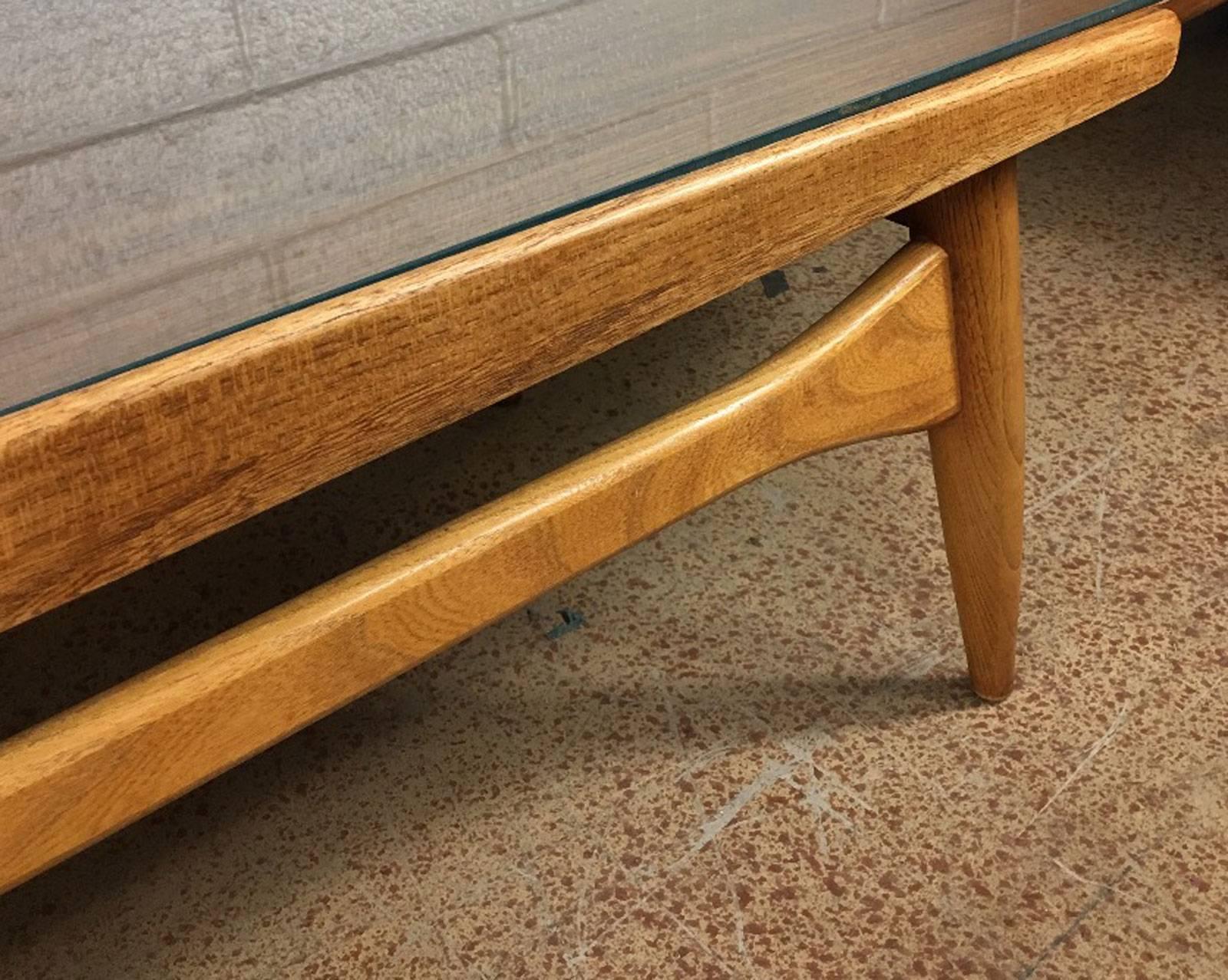 Lane surfboard coffee table by Lane Altavista. Professionally refurbished and finished. Exceptional length and condition. Original glass in excellent condition.