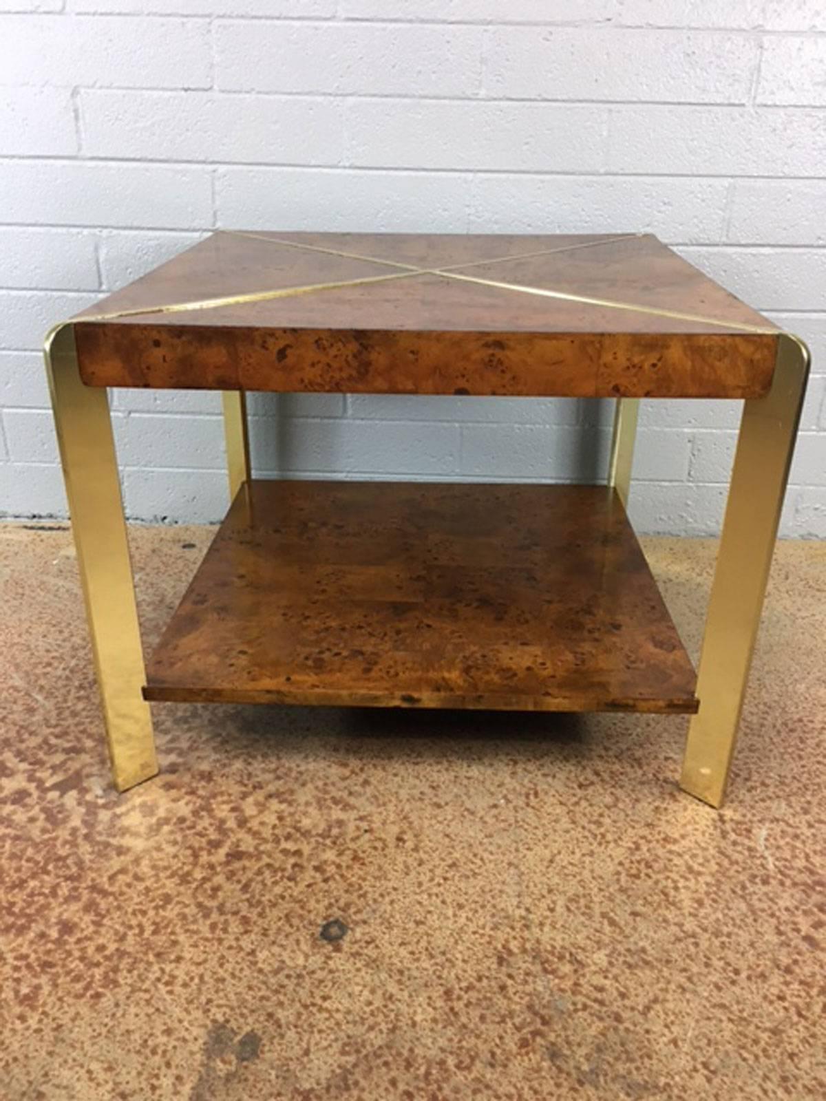 Burl wood and brass two tiered side table or coffee table by Milo Baughman in burl wood. Unique and stunning. Very nice condition.