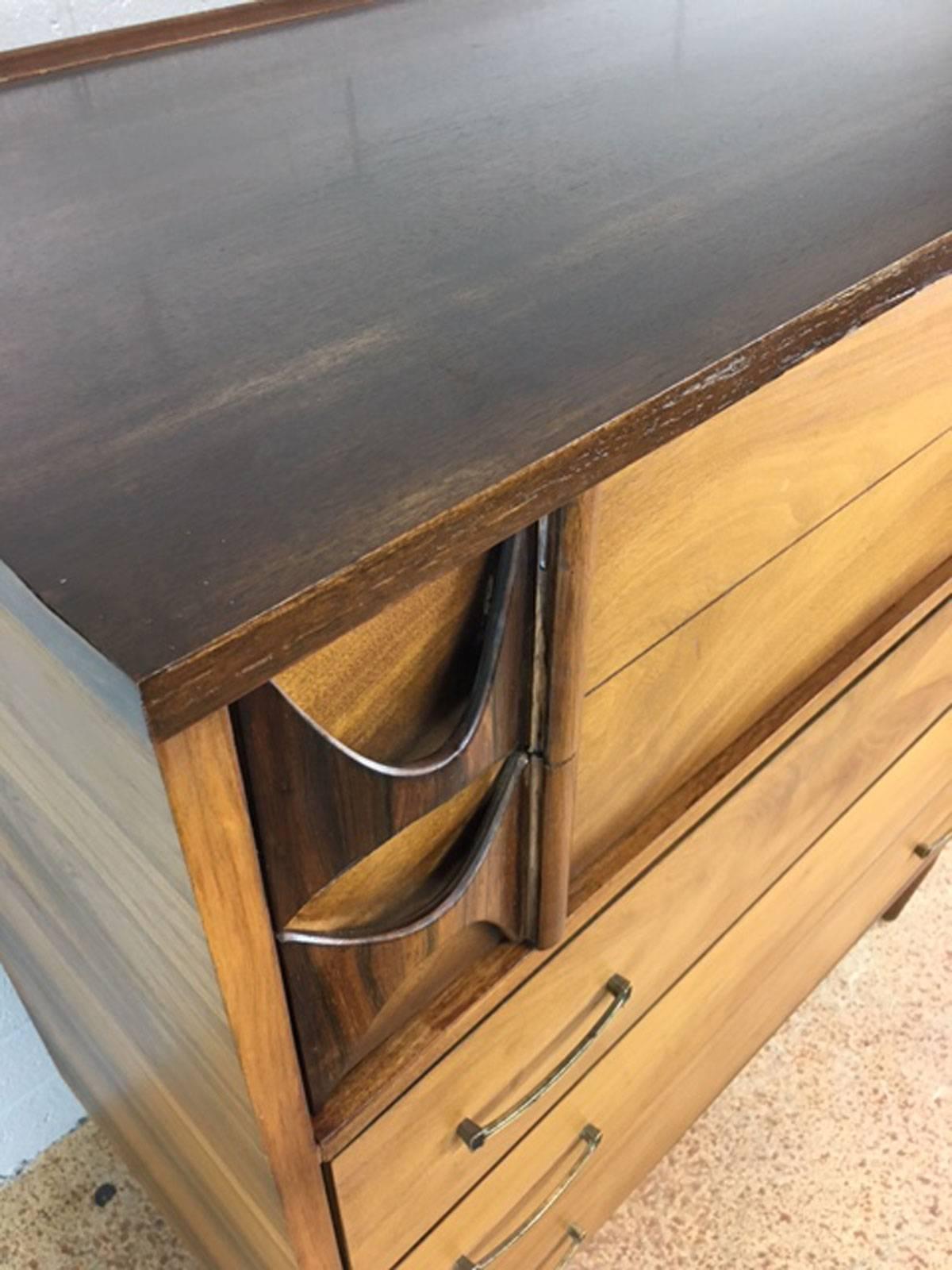 Brasilia five-drawer highboy dresser by Kent Coffey in walnut. Refinished. Clean.