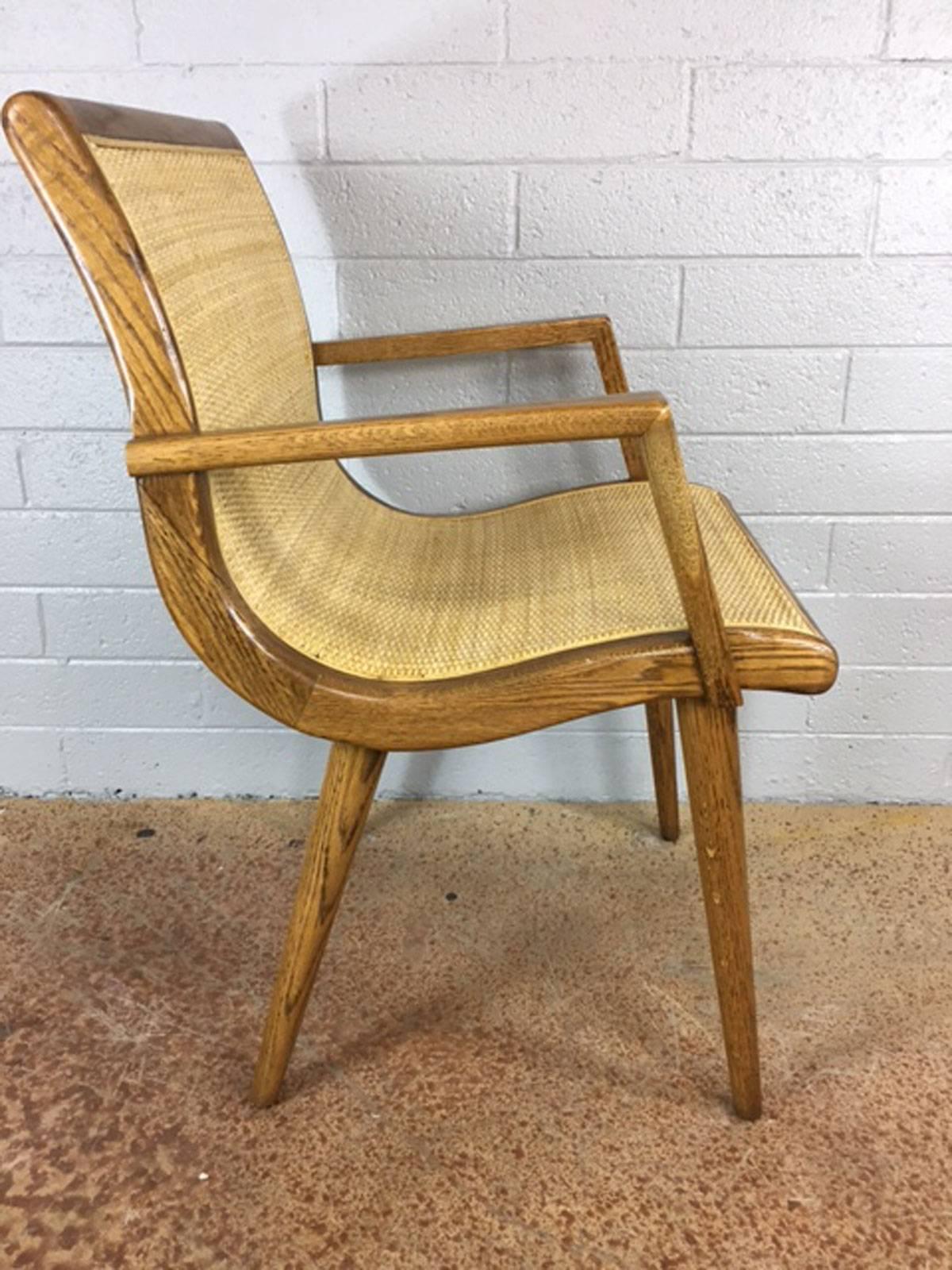 Mid-Century Modern Oak Slipper Chair with Cane Sling