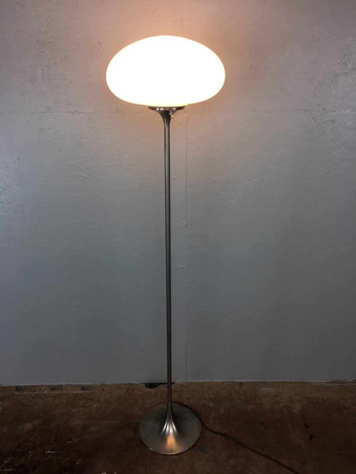 A Laurel Lamp Company chrome floor lamp with a mushroom white opaque glass shade. Very nice vintage condition.