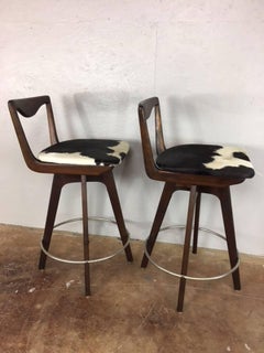Bar Stool Pair in Walnut and Cowhide