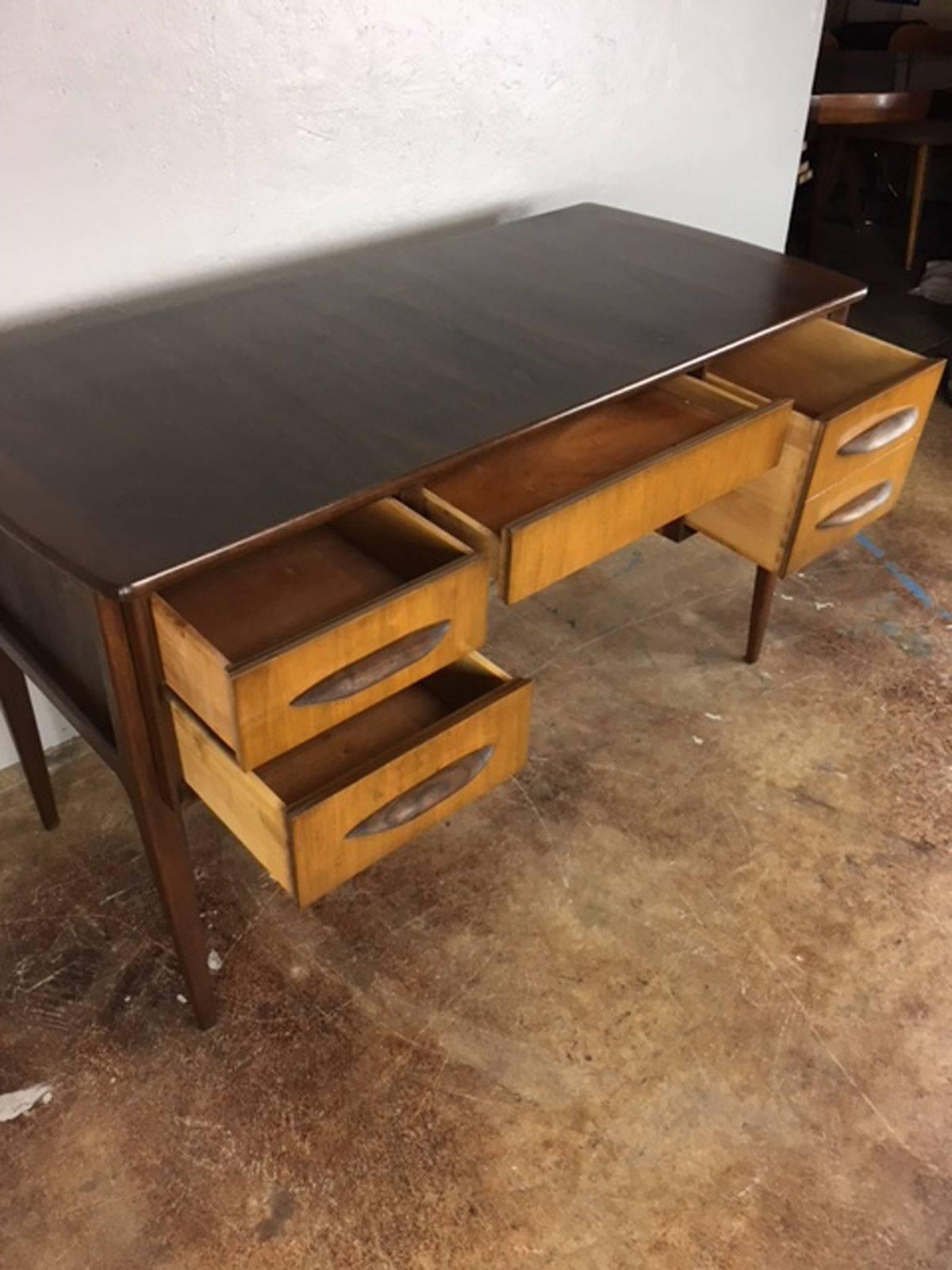 Mid-Century Modern External Frame Danish Desk in Pecan and Walnut For Sale
