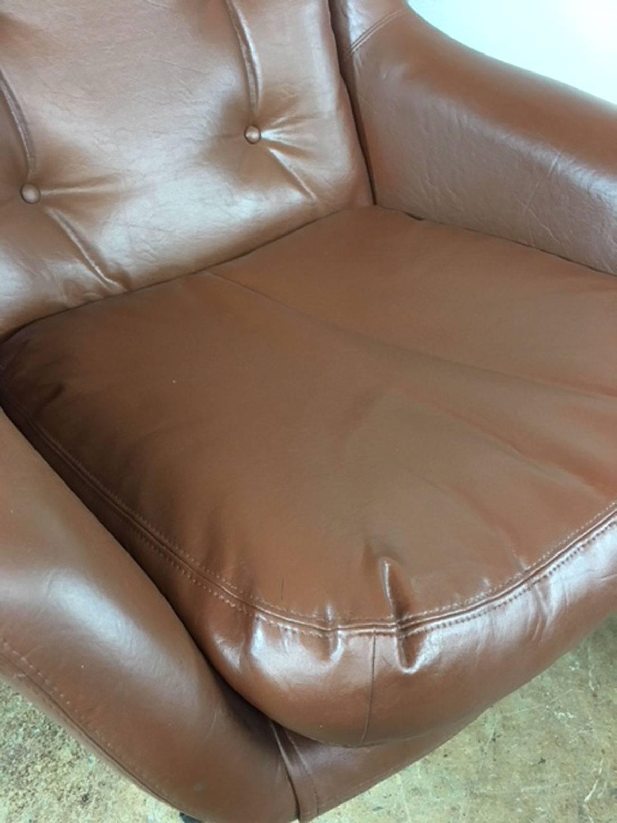 Danish Brown Leather Lounge Chair and Ottoman by Selig For Sale