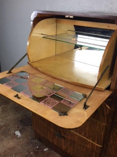 Art Deco English Dry Bar in Burl Wood with Inlay