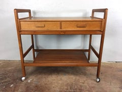 Two-Drawer Teak Bar Cart with Roller Wheels