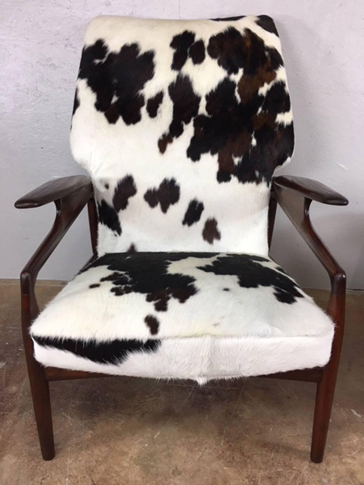 Cowhide Finn Juhl Teak Reclining High Back Lounge Chair and Ottoman